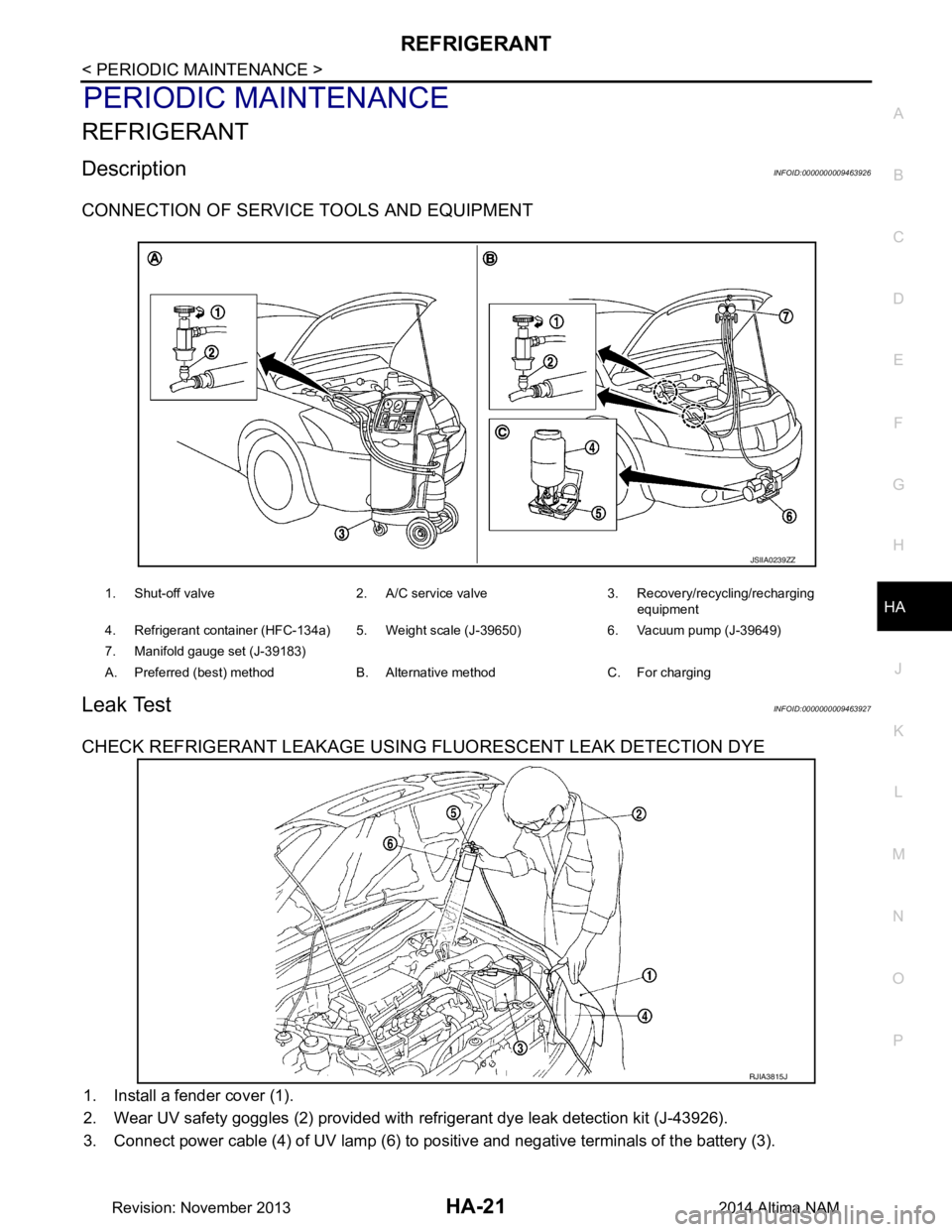 NISSAN TEANA 2014  Service Manual 
REFRIGERANTHA-21
< PERIODIC MAINTENANCE >
C 
D E
F
G H
J
K L
M A 
B
HA
N
O P
PERIODIC MAINTENANCE
REFRIGERANT
DescriptionINFOID:0000000009463926
CONNECTION OF SERVICE TOOLS AND EQUIPMENT
Leak TestINF