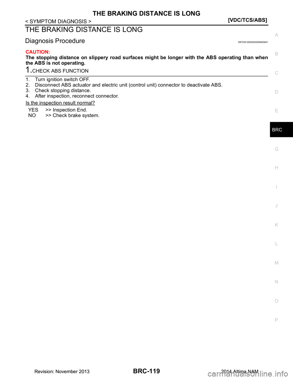 NISSAN TEANA 2014  Service Manual 
THE BRAKING DISTANCE IS LONGBRC-119
< SYMPTOM DIAGNOSIS > [VDC/TCS/ABS]
C 
D E
G H
I
J
K L
M A 
B
BRC
N
O P
THE BRAKING DISTANCE IS LONG
Diagnosis ProcedureINFOID:0000000009463841
CAUTION: 
The stopp