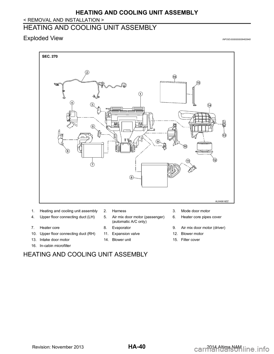 NISSAN TEANA 2014  Service Manual 
HA-40
< REMOVAL AND INSTALLATION >
HEATING AND COOLING UNIT ASSEMBLY
HEATING AND COOLING UNIT ASSEMBLY
Exploded ViewINFOID:0000000009463948
HEATING AND COOLING UNIT ASSEMBLY
1. Heating and cooling un