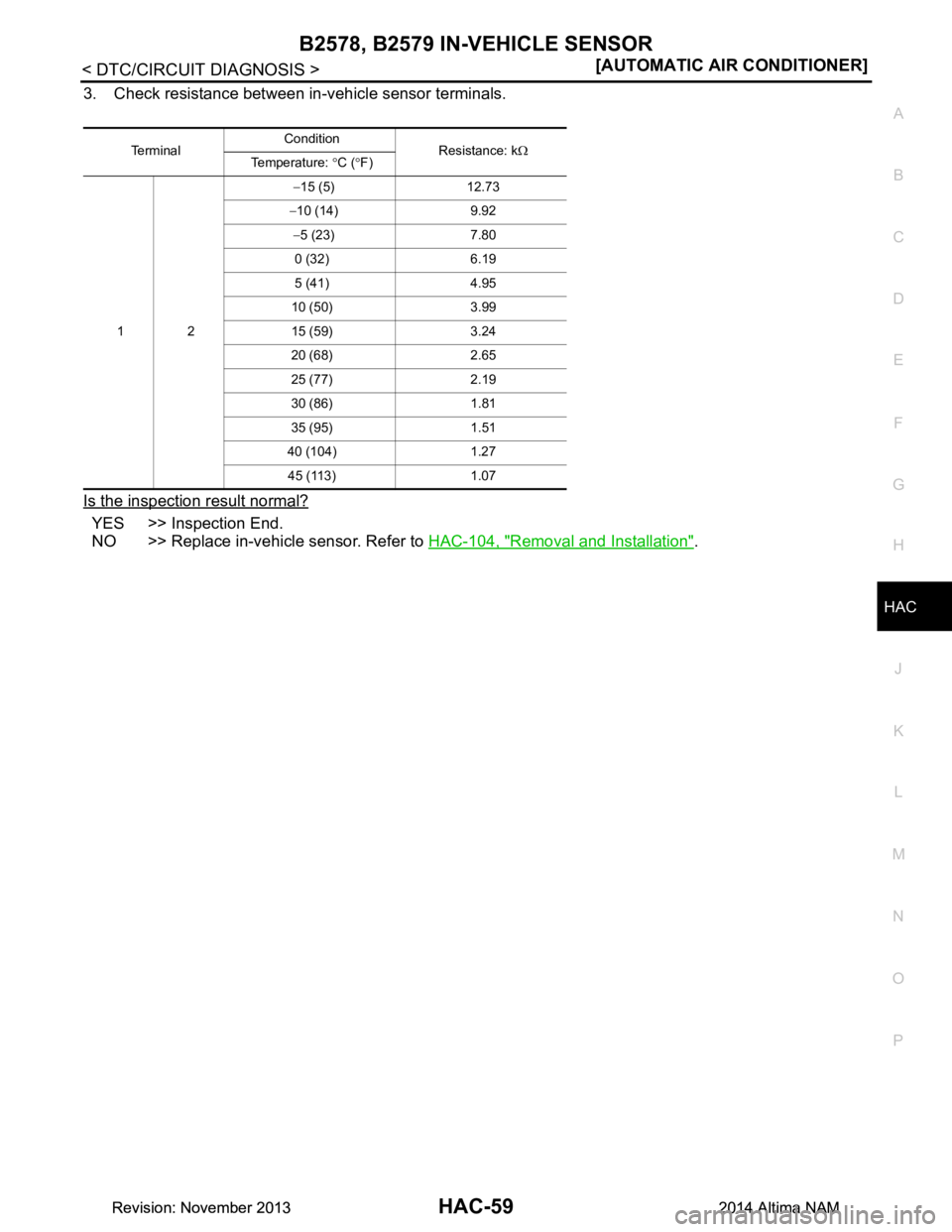 NISSAN TEANA 2014  Service Manual 
B2578, B2579 IN-VEHICLE SENSORHAC-59
< DTC/CIRCUIT DIAGNOSIS > [AUTOMATIC AIR CONDITIONER]
C 
D E
F
G H
J
K L
M A 
B
HAC
N
O P
3. Check resistance between in-vehicle sensor terminals. 
Is the inspect