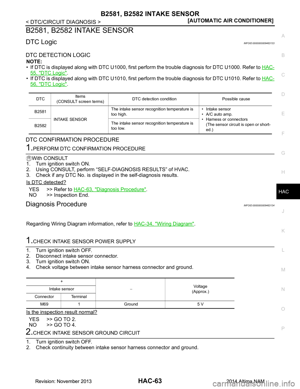 NISSAN TEANA 2014  Service Manual 
B2581, B2582 INTAKE SENSORHAC-63
< DTC/CIRCUIT DIAGNOSIS > [AUTOMATIC AIR CONDITIONER]
C 
D E
F
G H
J
K L
M A 
B
HAC
N
O P
B2581, B2582 INTAKE SENSOR
DTC LogicINFOID:0000000009463133
DTC DETECTION LO