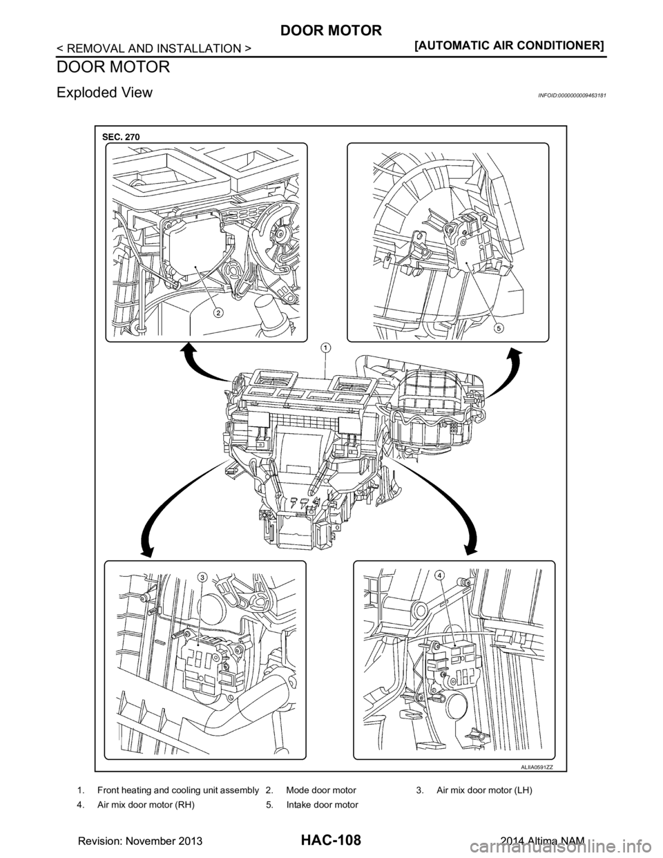 NISSAN TEANA 2014  Service Manual 
HAC-108
< REMOVAL AND INSTALLATION >[AUTOMATIC AIR CONDITIONER]
DOOR MOTOR
DOOR MOTOR
Exploded ViewINFOID:0000000009463181
1. Front heating and cooling unit assembly 2. Mode door motor 3. Air mix doo