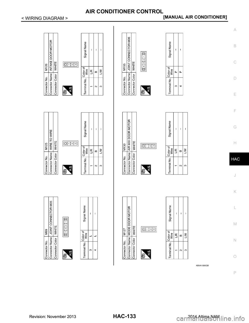 NISSAN TEANA 2014  Service Manual 
AIR CONDITIONER CONTROLHAC-133
< WIRING DIAGRAM > [MANUAL AIR CONDITIONER]
C 
D E
F
G H
J
K L
M A 
B
HAC
N
O P
ABIIA1090GB
Revision: November 20132014 Altima NAMRevision: November 20132014 Altima NAM