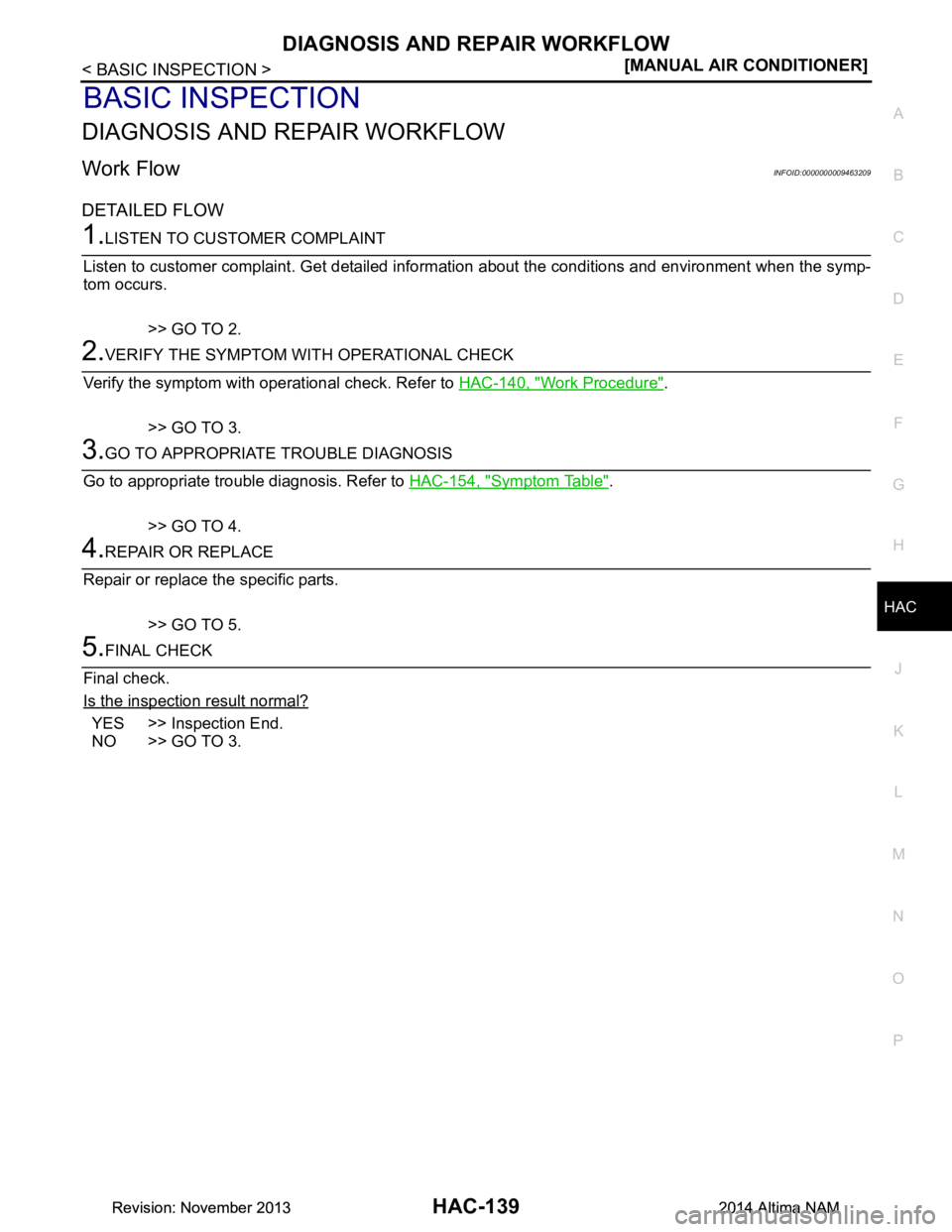 NISSAN TEANA 2014  Service Manual 
DIAGNOSIS AND REPAIR WORKFLOWHAC-139
< BASIC INSPECTION > [MANUAL AIR CONDITIONER]
C 
D E
F
G H
J
K L
M A 
B
HAC
N
O P
BASIC INSPECTION
DIAGNOSIS AND REPAIR WORKFLOW
Work FlowINFOID:0000000009463209
