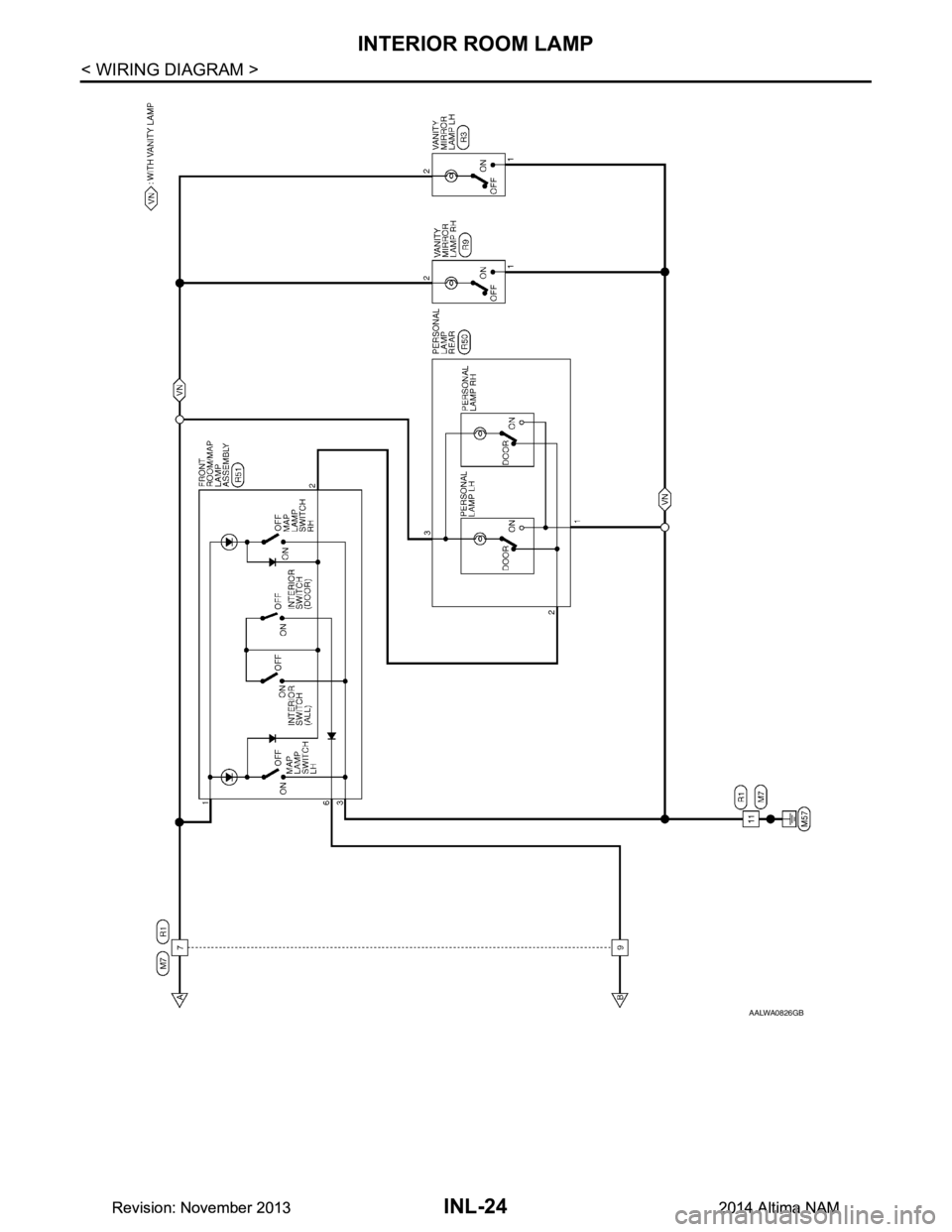 NISSAN TEANA 2014  Service Manual 
INL-24
< WIRING DIAGRAM >
INTERIOR ROOM LAMP
AALWA0826GB
Revision: November 20132014 Altima NAMRevision: November 20132014 Altima NAM 