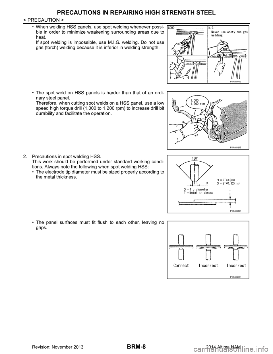 NISSAN TEANA 2014 Service Manual
BRM-8
< PRECAUTION >
PRECAUTIONS IN REPAIRING HIGH STRENGTH STEEL
• When welding HSS panels, use spot welding whenever possi-ble in order to minimize weakening surrounding areas due to
heat.
If s NISSAN TEANA 2014 Service Manual
BRM-8
< PRECAUTION >
PRECAUTIONS IN REPAIRING HIGH STRENGTH STEEL
• When welding HSS panels, use spot welding whenever possi-ble in order to minimize weakening surrounding areas due to
heat.
If s