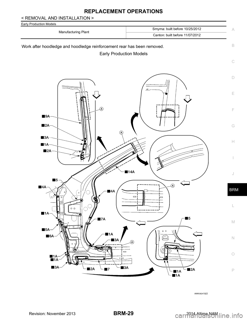 NISSAN TEANA 2014  Service Manual 
REPLACEMENT OPERATIONSBRM-29
< REMOVAL AND INSTALLATION >
C 
D E
F
G H
I
J
L
M A 
B
BRM
N
O P
Early Production Models
Work after hoodledge and hoodledge reinforcement rear has been removed.
Early Pro