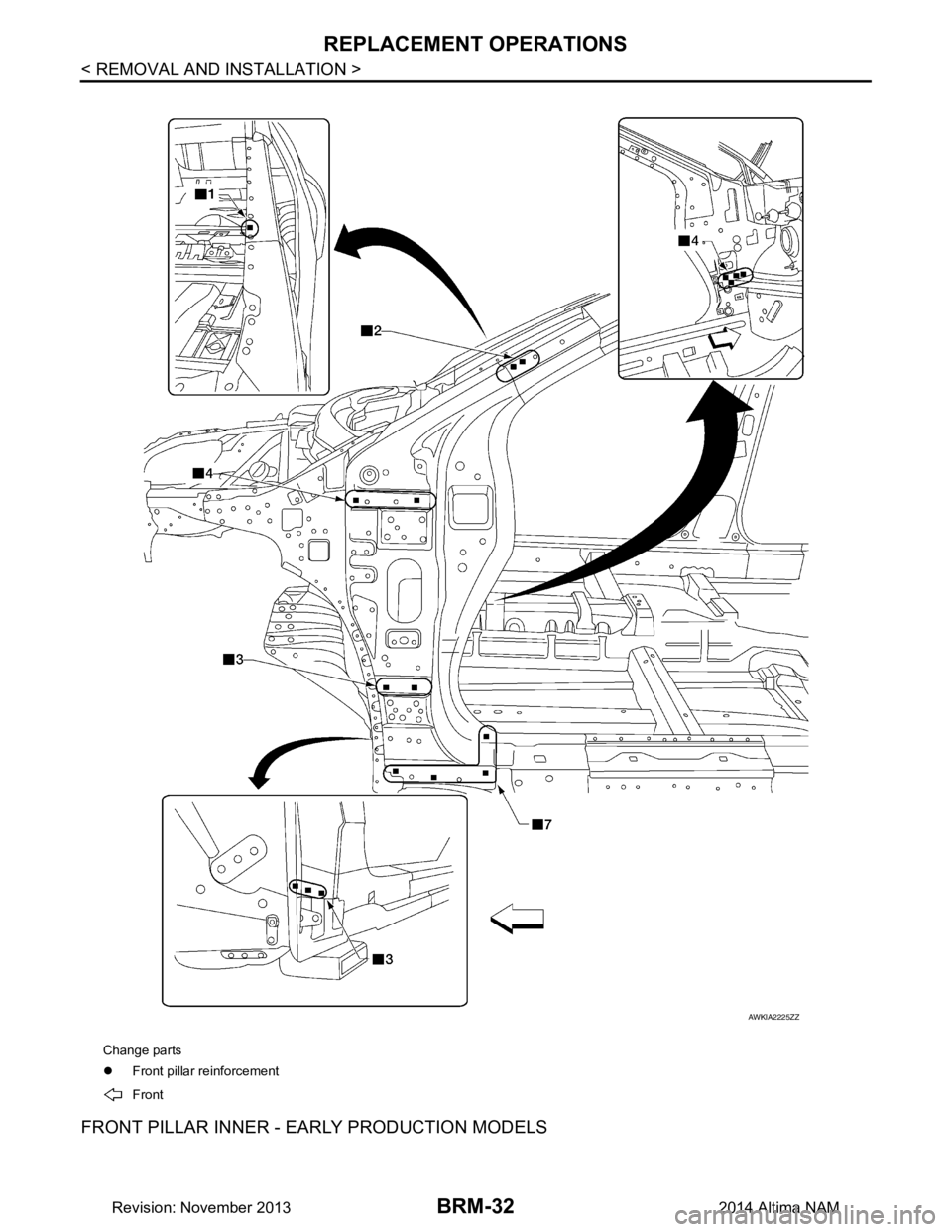 NISSAN TEANA 2014  Service Manual 
BRM-32
< REMOVAL AND INSTALLATION >
REPLACEMENT OPERATIONS
FRONT PILLAR INNER - EARLY PRODUCTION MODELS
Change parts 
�z Front pillar re inforcement
Front
AWKIA2225ZZ
Revision: November 20132014 Alti