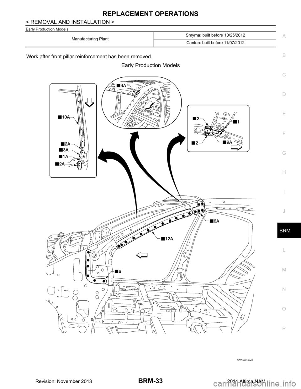 NISSAN TEANA 2014  Service Manual 
REPLACEMENT OPERATIONSBRM-33
< REMOVAL AND INSTALLATION >
C 
D E
F
G H
I
J
L
M A 
B
BRM
N
O P
Early Production Models
Work after front pillar reinforcement has been removed.
Early Production Models
M