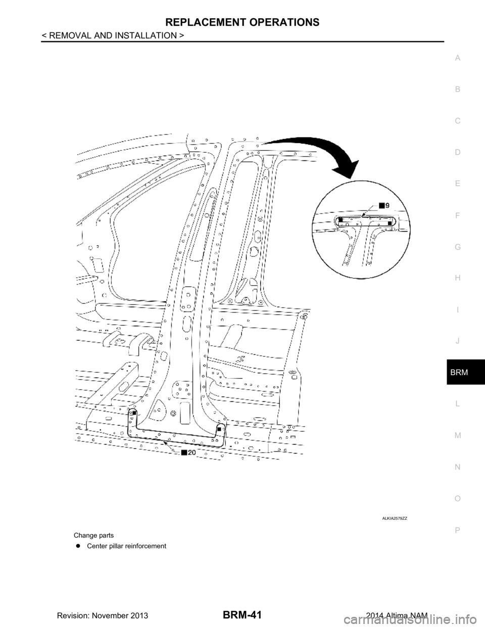 NISSAN TEANA 2014  Service Manual 
REPLACEMENT OPERATIONSBRM-41
< REMOVAL AND INSTALLATION >
C 
D E
F
G H
I
J
L
M A 
B
BRM
N
O P
Change parts �z Center pillar reinforcement
ALKIA2579ZZ
Revision: November 20132014 Altima NAM 