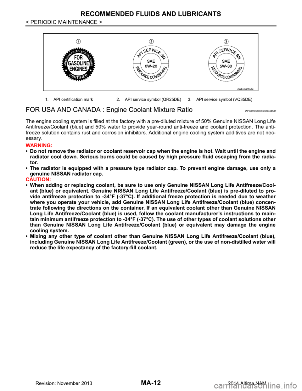 NISSAN TEANA 2014  Service Manual 
MA-12
< PERIODIC MAINTENANCE >
RECOMMENDED FLUIDS AND LUBRICANTS
FOR USA AND CANADA : Engi ne Coolant Mixture Ratio
INFOID:0000000009464538
The engine cooling system is filled at the factory with  a 