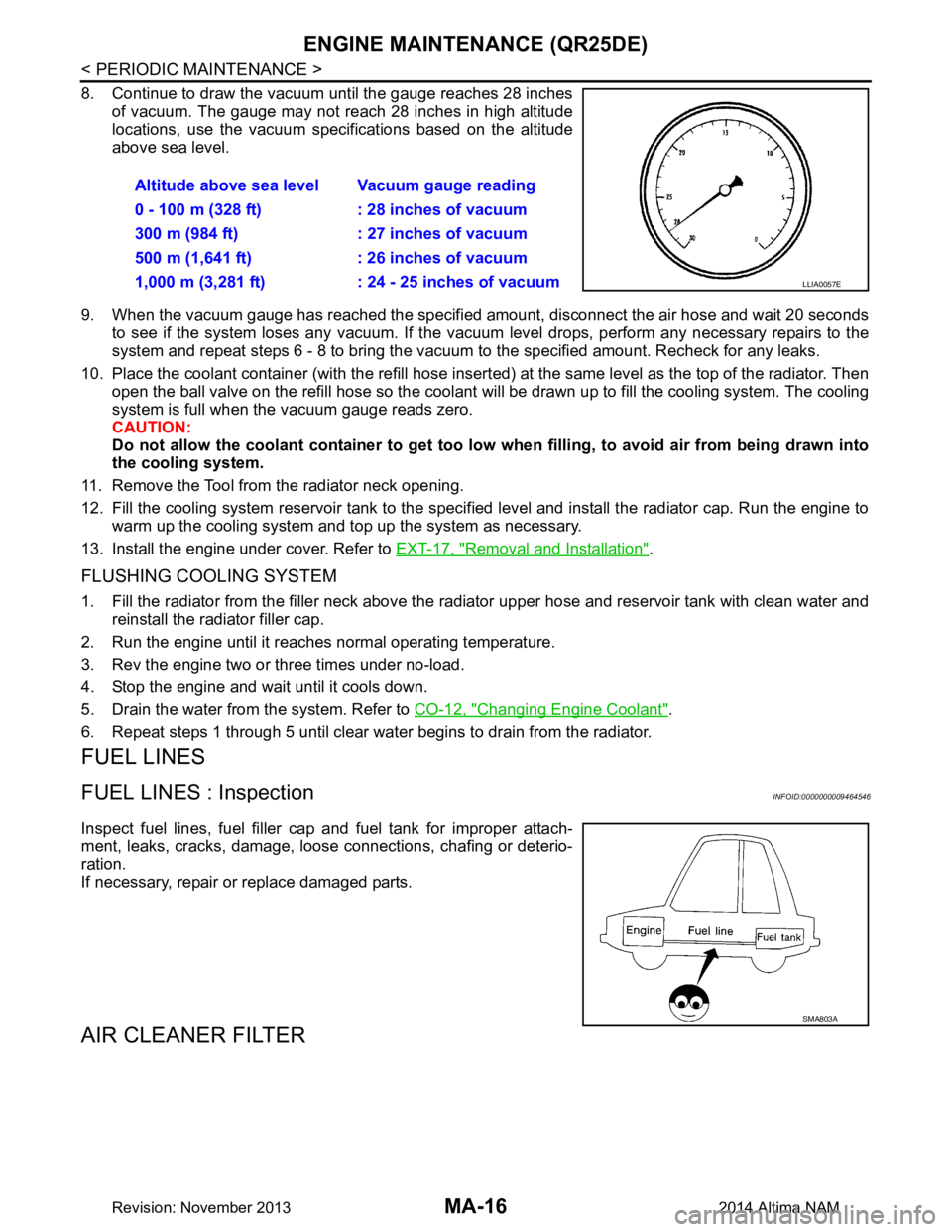 NISSAN TEANA 2014  Service Manual 
MA-16
< PERIODIC MAINTENANCE >
ENGINE MAINTENANCE (QR25DE)
8. Continue to draw the vacuum until the gauge reaches 28 inchesof vacuum. The gauge may not reach 28 inches in high altitude 
locations, us