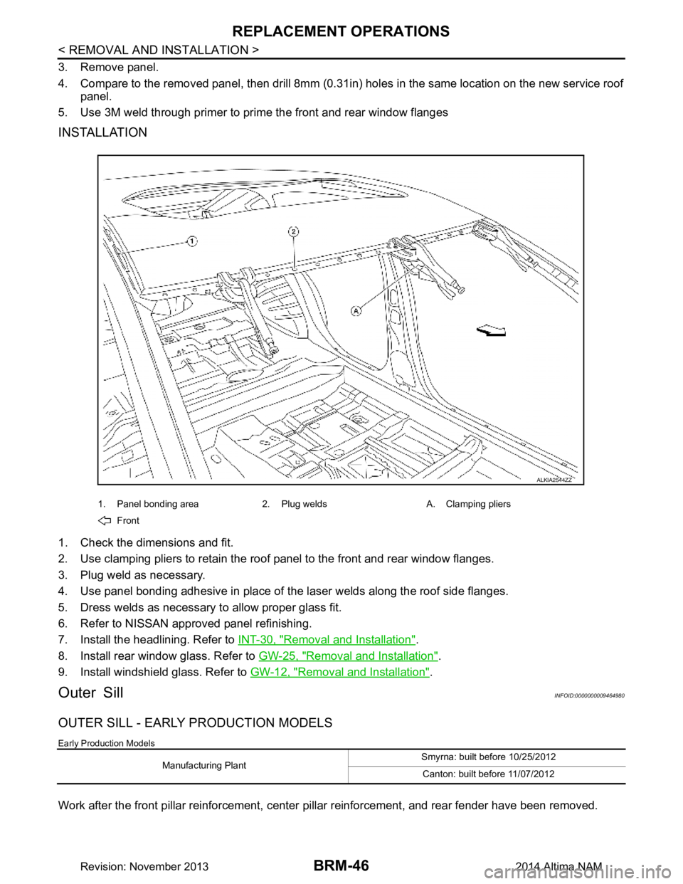 NISSAN TEANA 2014  Service Manual 
BRM-46
< REMOVAL AND INSTALLATION >
REPLACEMENT OPERATIONS
3. Remove panel. 
4. Compare to the removed panel, then drill 8mm (0.31in)  holes in the same location on the new service roof
panel.
5. Use