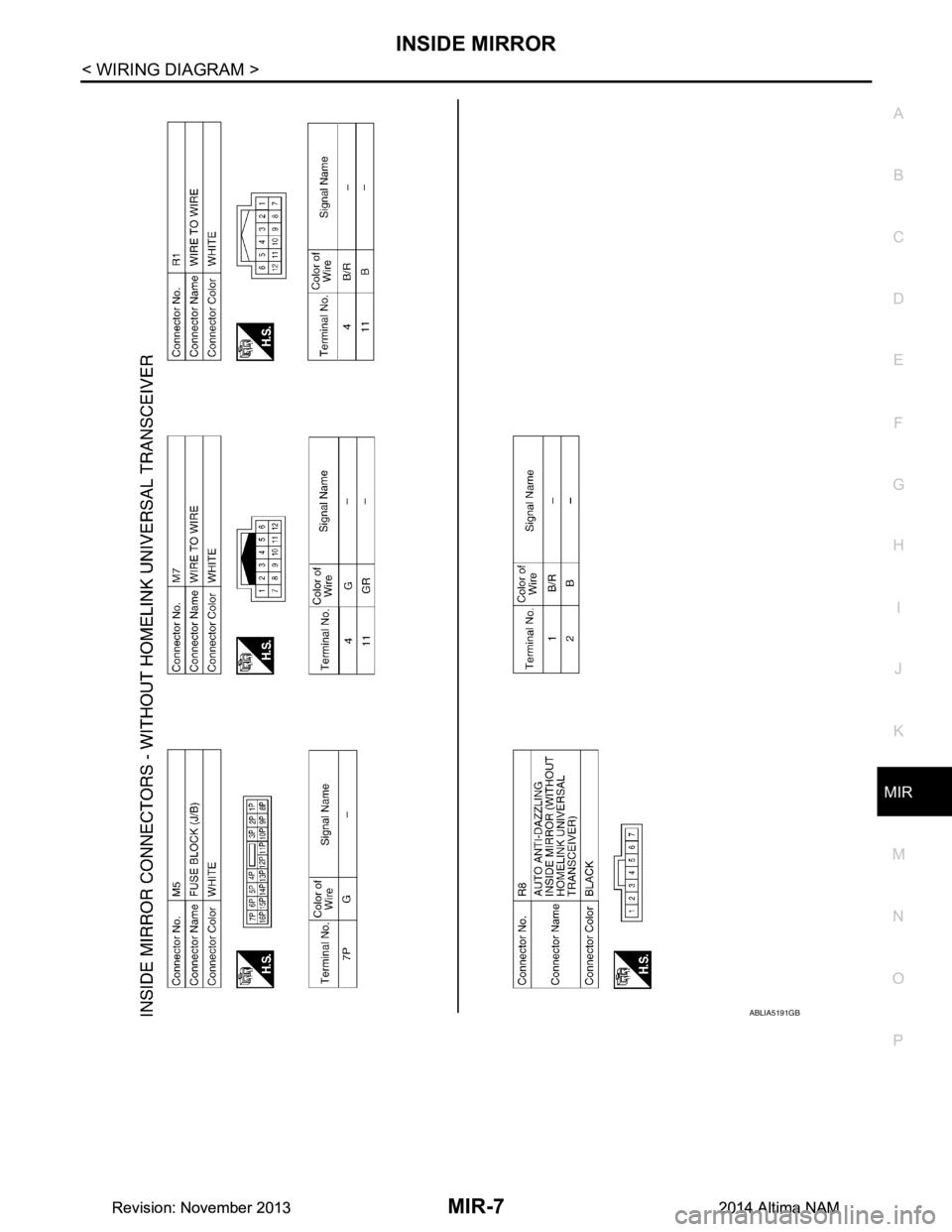 NISSAN TEANA 2014  Service Manual 
INSIDE MIRRORMIR-7
< WIRING DIAGRAM >
C 
D E
F
G H
I
J
K
M A 
B
MIR
N
O P
ABLIA5191GB
Revision: November 20132014 Altima NAMRevision: November 20132014 Altima NAM 