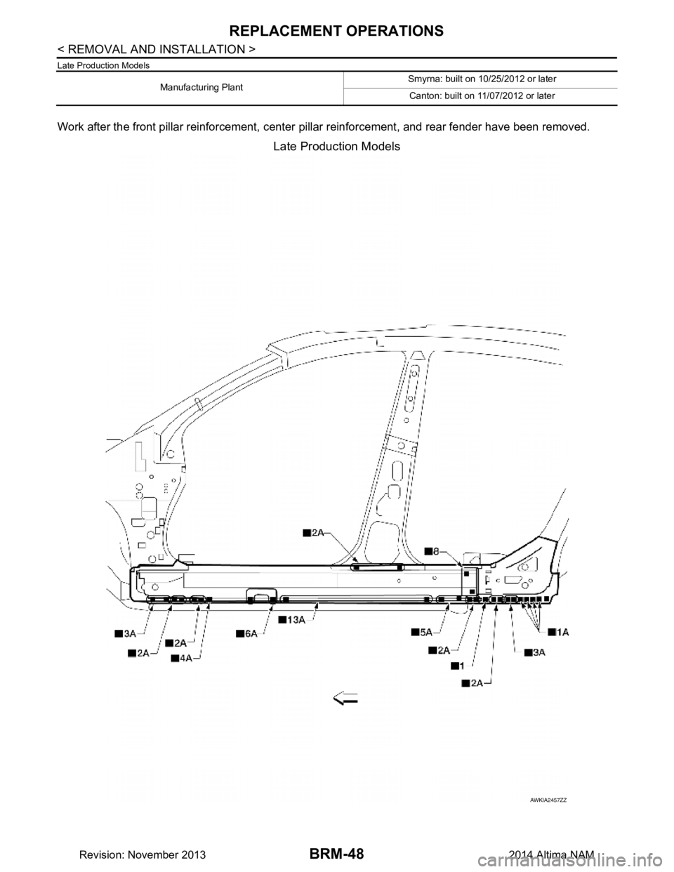 NISSAN TEANA 2014  Service Manual 
BRM-48
< REMOVAL AND INSTALLATION >
REPLACEMENT OPERATIONS
Late Production Models
Work after the front pillar reinforcement, center pillar reinforcement, and rear fender have been removed. 
Late Prod
