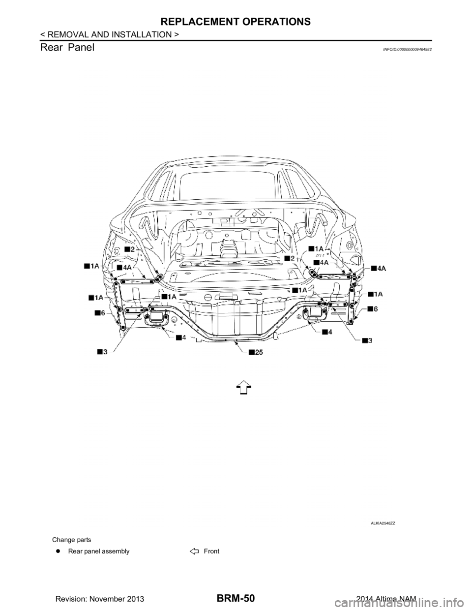 NISSAN TEANA 2014  Service Manual 
BRM-50
< REMOVAL AND INSTALLATION >
REPLACEMENT OPERATIONS
Rear Panel
INFOID:0000000009464982
Change parts �z Rear panel assembly Front
ALKIA2548ZZ
Revision: November 20132014 Altima NAM 