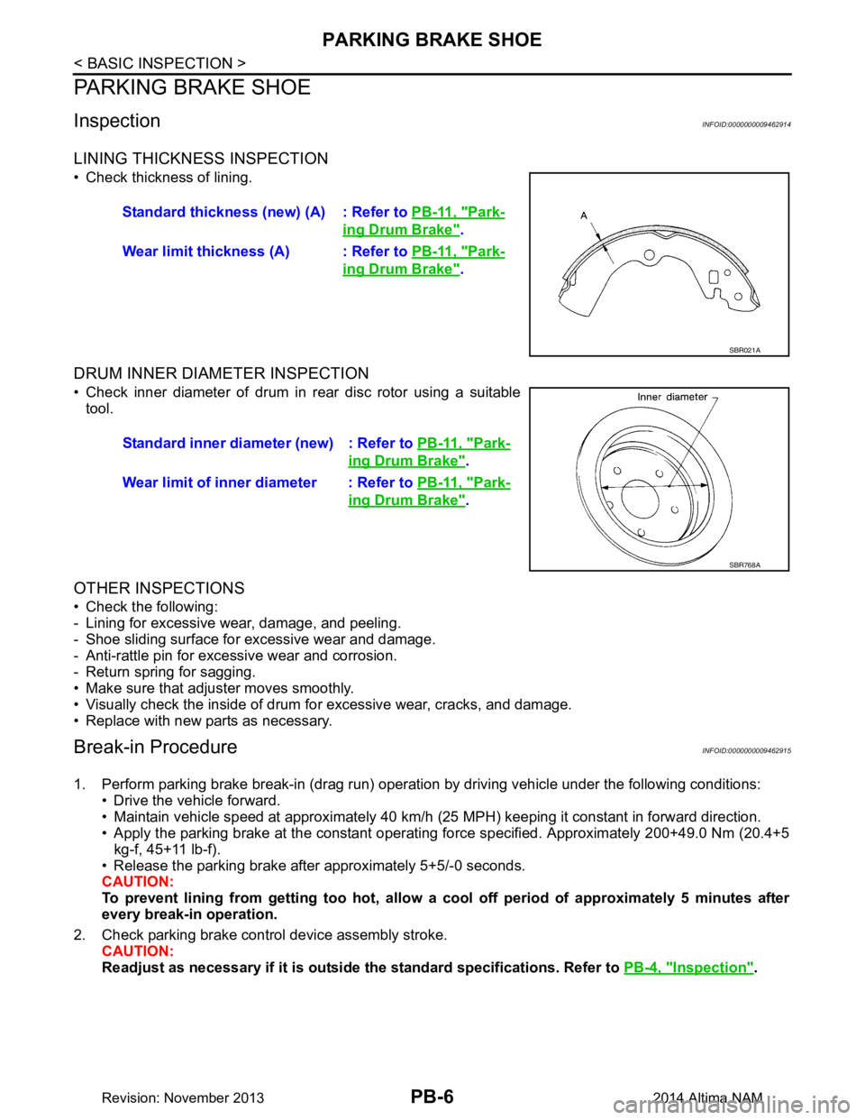 NISSAN TEANA 2014  Service Manual 
PB-6
< BASIC INSPECTION >
PARKING BRAKE SHOE
PARKING BRAKE SHOE
InspectionINFOID:0000000009462914
LINING THICKNESS INSPECTION
• Check thickness of lining.
DRUM INNER DIAMETER INSPECTION
• Check i