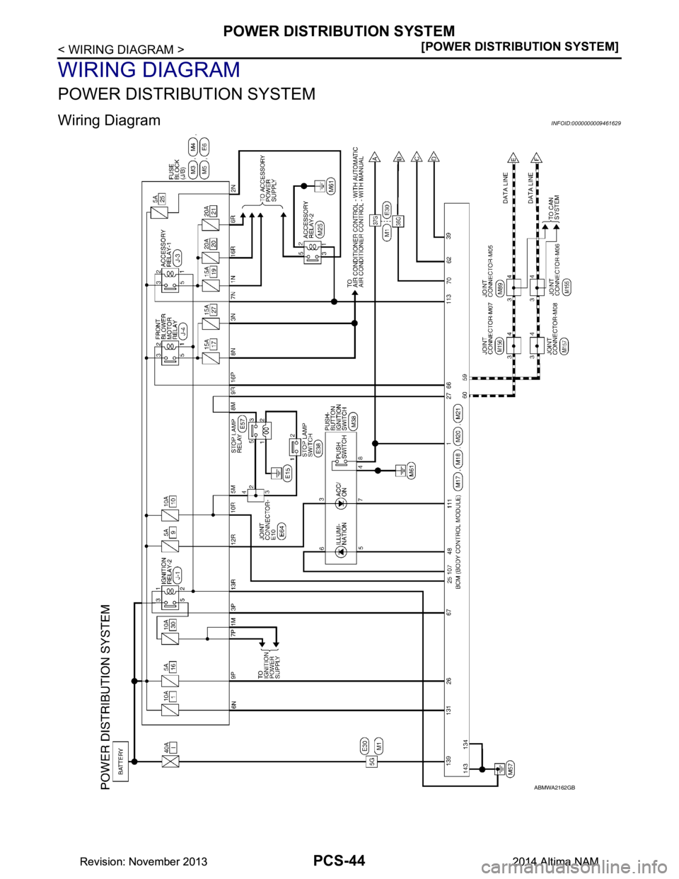 NISSAN TEANA 2014  Service Manual 
PCS-44
< WIRING DIAGRAM >[POWER DISTRIBUTION SYSTEM]
POWER DISTRIBUTION SYSTEM
WIRING DIAGRAM
POWER DISTRIBUTION SYSTEM
Wiring DiagramINFOID:0000000009461629
ABMWA2162GB
Revision: November 20132014 A