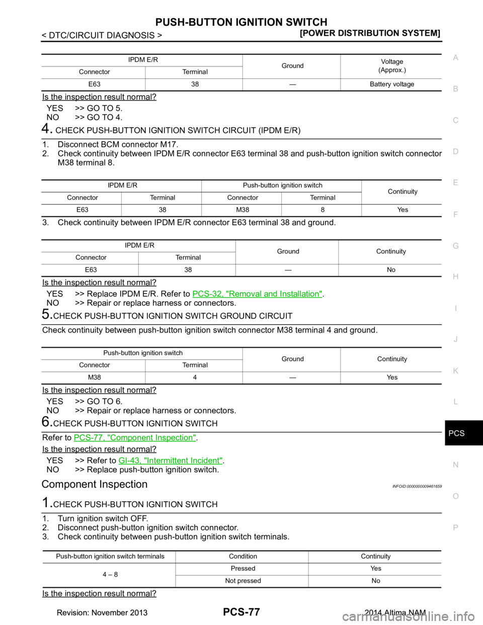 NISSAN TEANA 2014  Service Manual 
PCS
PUSH-BUTTON IGNITION SWITCHPCS-77
< DTC/CIRCUIT DIAGNOSIS > [POWER DISTRIBUTION SYSTEM]
C 
D E
F
G H
I
J
K L
B 
A
O P
N
Is the inspection result normal?
YES >> GO TO 5. 
NO >> GO TO 4.
4. CHECK P