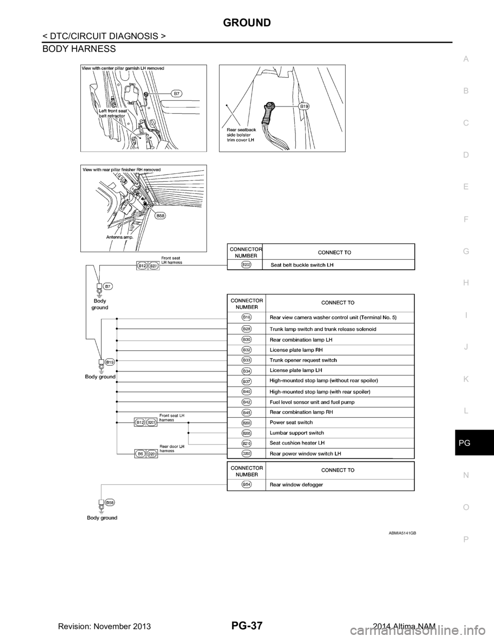 NISSAN TEANA 2014 Service Manual
PG
GROUNDPG-37
< DTC/CIRCUIT DIAGNOSIS >
C
D E
F
G H
I
J
K L
B
A
O P
N
BODY HARNESS
ABMIA5141GB
Revision: November 20132014 Altima NAM NISSAN TEANA 2014 Service Manual
PG
GROUNDPG-37
< DTC/CIRCUIT DIAGNOSIS >
C
D E
F
G H
I
J
K L
B
A
O P
N
BODY HARNESS
ABMIA5141GB
Revision: November 20132014 Altima NAM