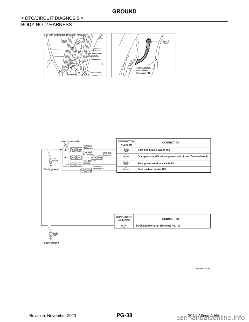 NISSAN TEANA 2014 Service Manual
PG-38
< DTC/CIRCUIT DIAGNOSIS >
GROUND
BODY NO. 2 HARNESS
ABMIA5142GB
Revision: November 20132014 Altima NAM NISSAN TEANA 2014 Service Manual
PG-38
< DTC/CIRCUIT DIAGNOSIS >
GROUND
BODY NO. 2 HARNESS
ABMIA5142GB
Revision: November 20132014 Altima NAM
