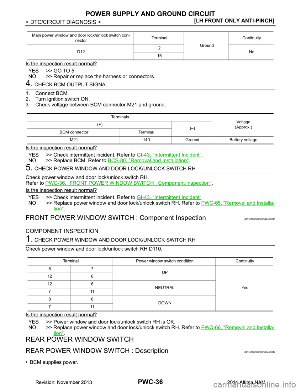 NISSAN TEANA 2014  Service Manual 
PWC-36
< DTC/CIRCUIT DIAGNOSIS >[LH FRONT ONLY ANTI-PINCH]
POWER SUPPLY AND GROUND CIRCUIT
Is the inspection result normal?
YES >> GO TO 5 
NO >> Repair or replace the harness or connectors.
4. CHECK