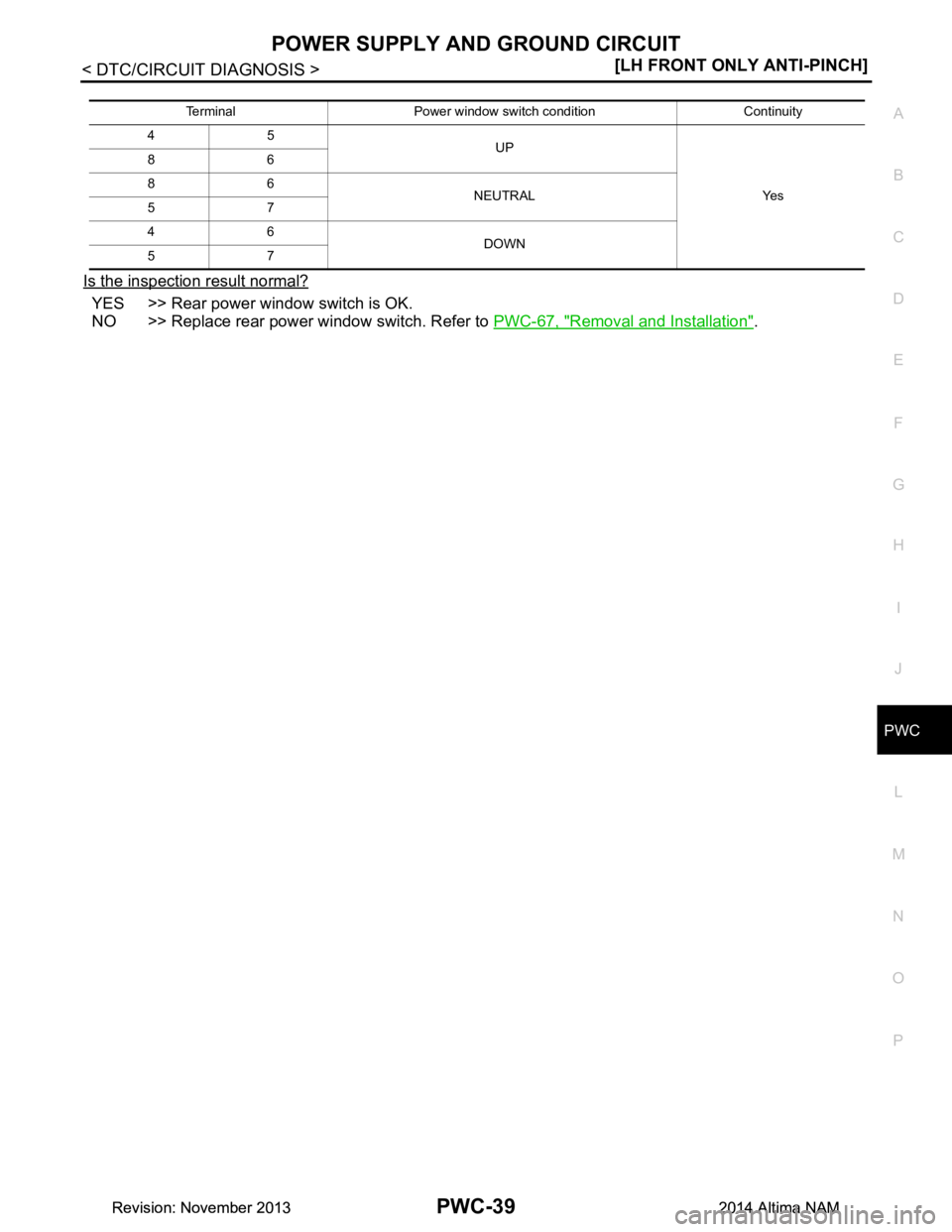 NISSAN TEANA 2014  Service Manual 
POWER SUPPLY AND GROUND CIRCUITPWC-39
< DTC/CIRCUIT DIAGNOSIS > [LH FRONT ONLY ANTI-PINCH]
C 
D E
F
G H
I
J
L
M A 
B
PWC
N
O P
Is the inspection result normal?
YES >> Rear power window switch is OK. 