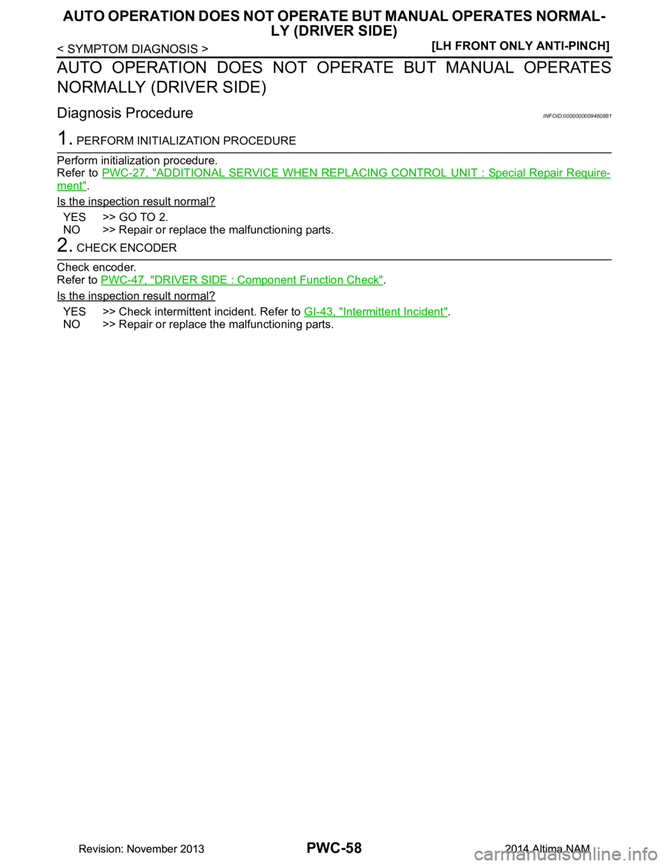 NISSAN TEANA 2014  Service Manual 
PWC-58
< SYMPTOM DIAGNOSIS >[LH FRONT ONLY ANTI-PINCH]
AUTO OPERATION DOES NOT OPERAT
E BUT MANUAL OPERATES NORMAL-
LY (DRIVER SIDE)
AUTO OPERATION DOES NOT OPERATE BUT MANUAL OPERATES 
NORMALLY (DRI
