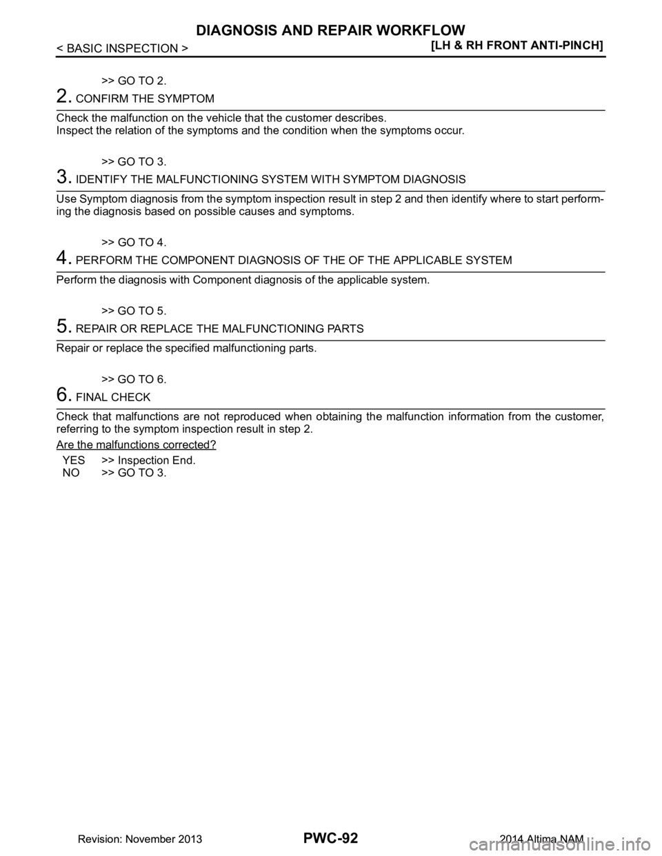 NISSAN TEANA 2014  Service Manual 
PWC-92
< BASIC INSPECTION >[LH & RH FRONT ANTI-PINCH]
DIAGNOSIS AND REPAIR WORKFLOW
>> GO TO 2.
2. CONFIRM THE SYMPTOM
Check the malfunction on the vehicle that the customer describes. 
Inspect the r