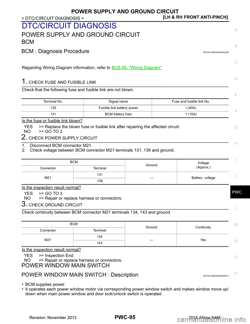 NISSAN TEANA 2014  Service Manual 
POWER SUPPLY AND GROUND CIRCUITPWC-95
< DTC/CIRCUIT DIAGNOSIS > [LH & RH FRONT ANTI-PINCH]
C 
D E
F
G H
I
J
L
M A 
B
PWC
N
O P
DTC/CIRCUIT DIAGNOSIS
POWER SUPPLY AND GROUND CIRCUIT
BCM
BCM : Diagnosi