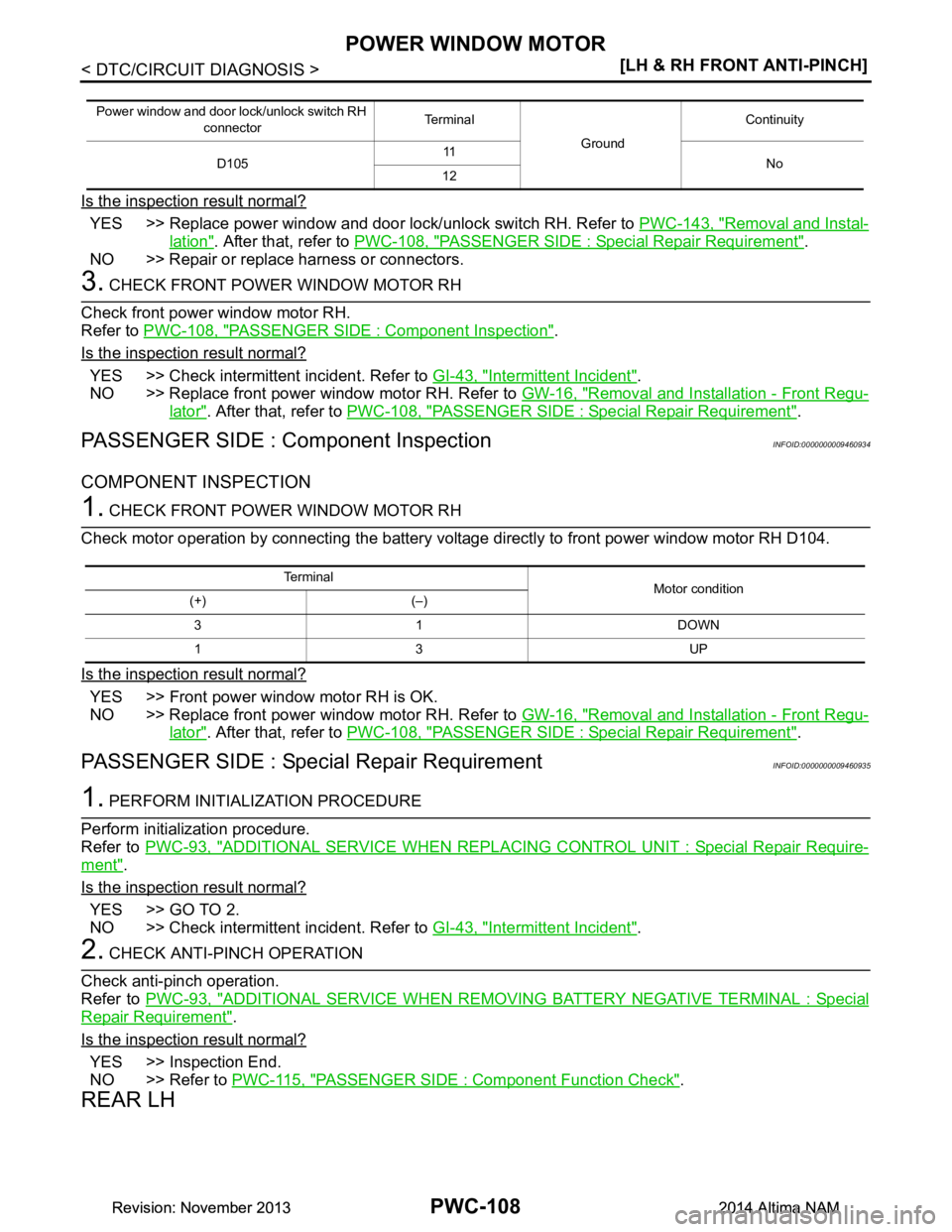 NISSAN TEANA 2014  Service Manual 
PWC-108
< DTC/CIRCUIT DIAGNOSIS >[LH & RH FRONT ANTI-PINCH]
POWER WINDOW MOTOR
Is the inspection result normal?
YES >> Replace power window and door lock/unlock switch RH. Refer to 
PWC-143, "Removal
