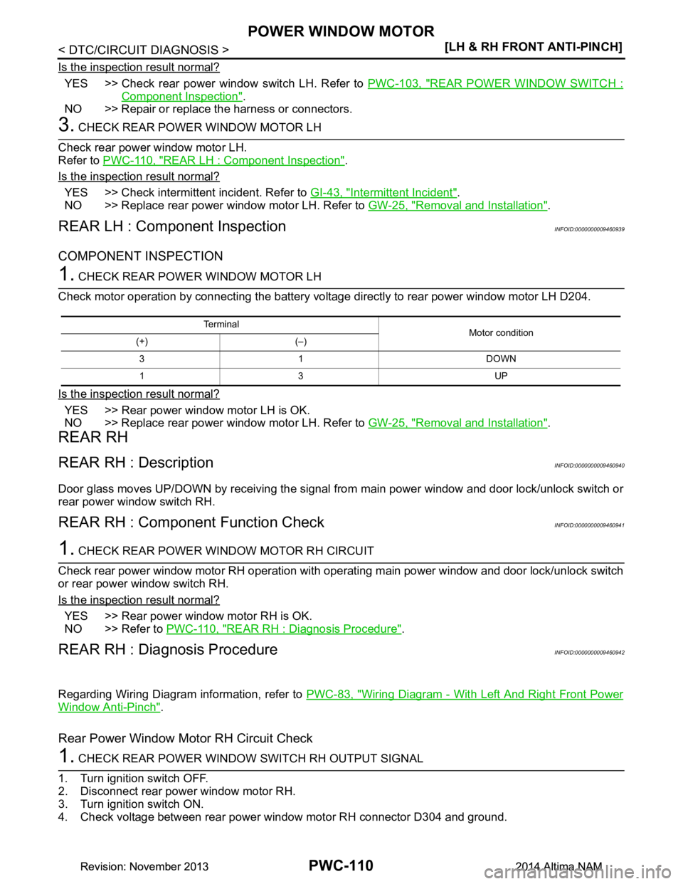 NISSAN TEANA 2014  Service Manual 
PWC-110
< DTC/CIRCUIT DIAGNOSIS >[LH & RH FRONT ANTI-PINCH]
POWER WINDOW MOTOR
Is the inspection result normal?
YES >> Check rear power window switch LH. Refer to 
PWC-103, "REAR POWER WINDOW SWITCH 