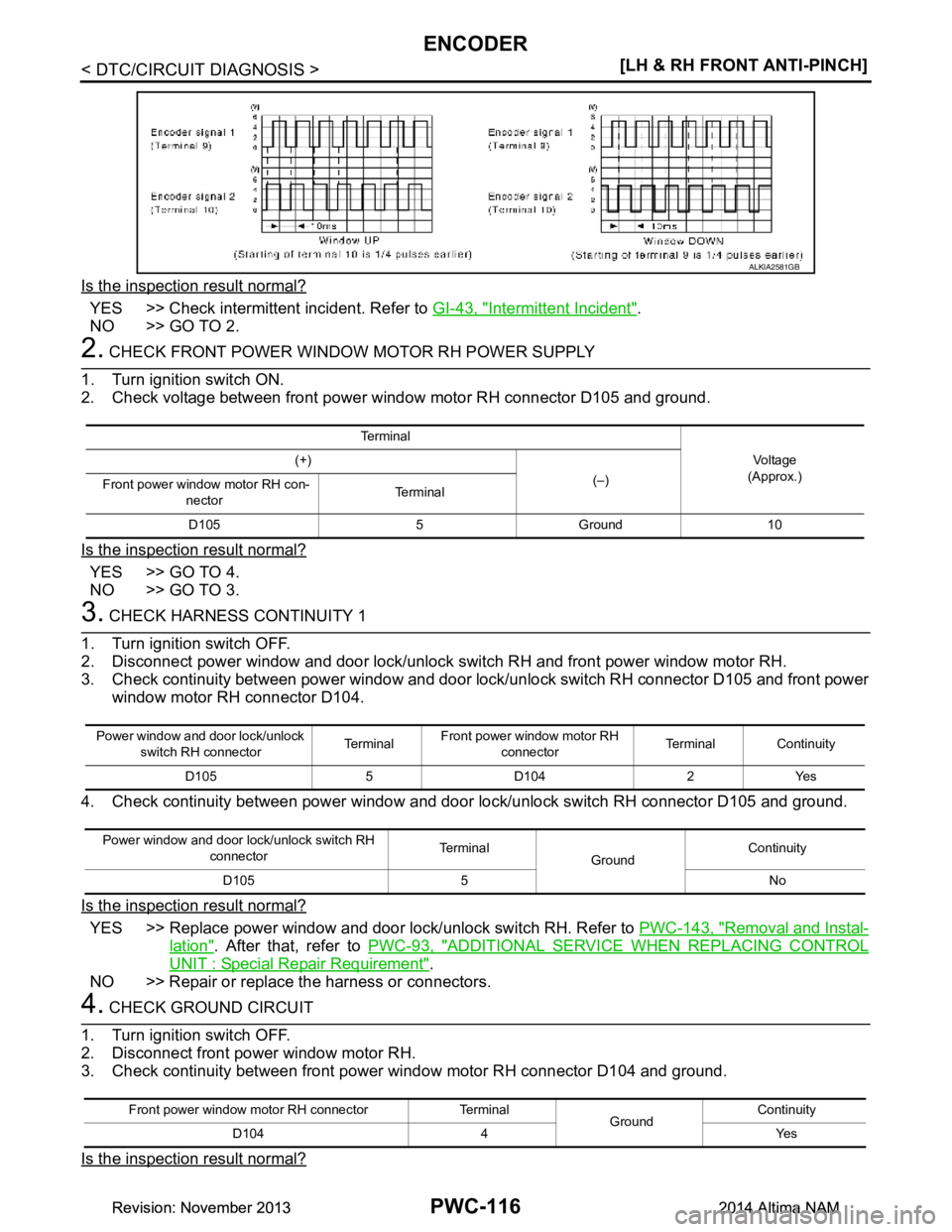 NISSAN TEANA 2014  Service Manual 
PWC-116
< DTC/CIRCUIT DIAGNOSIS >[LH & RH FRONT ANTI-PINCH]
ENCODER
Is the inspection result normal?
YES >> Check intermittent incident. Refer to 
GI-43, "Intermittent Incident".
NO >> GO TO 2.
2. CH
