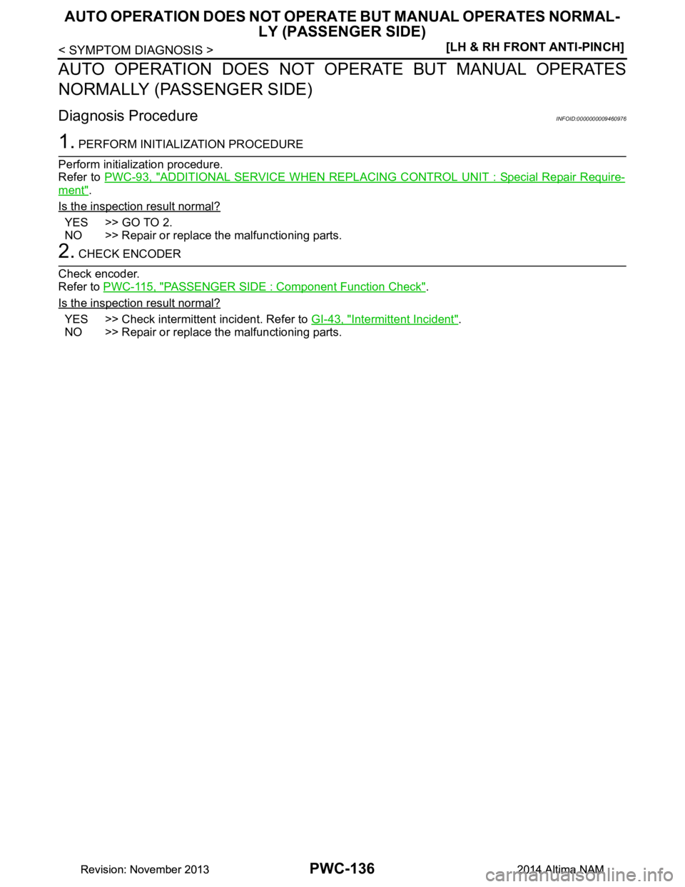 NISSAN TEANA 2014  Service Manual 
PWC-136
< SYMPTOM DIAGNOSIS >[LH & RH FRONT ANTI-PINCH]
AUTO OPERATION DOES NOT OPERAT
E BUT MANUAL OPERATES NORMAL-
LY (PASSENGER SIDE)
AUTO OPERATION DOES NOT OPERATE BUT MANUAL OPERATES 
NORMALLY 