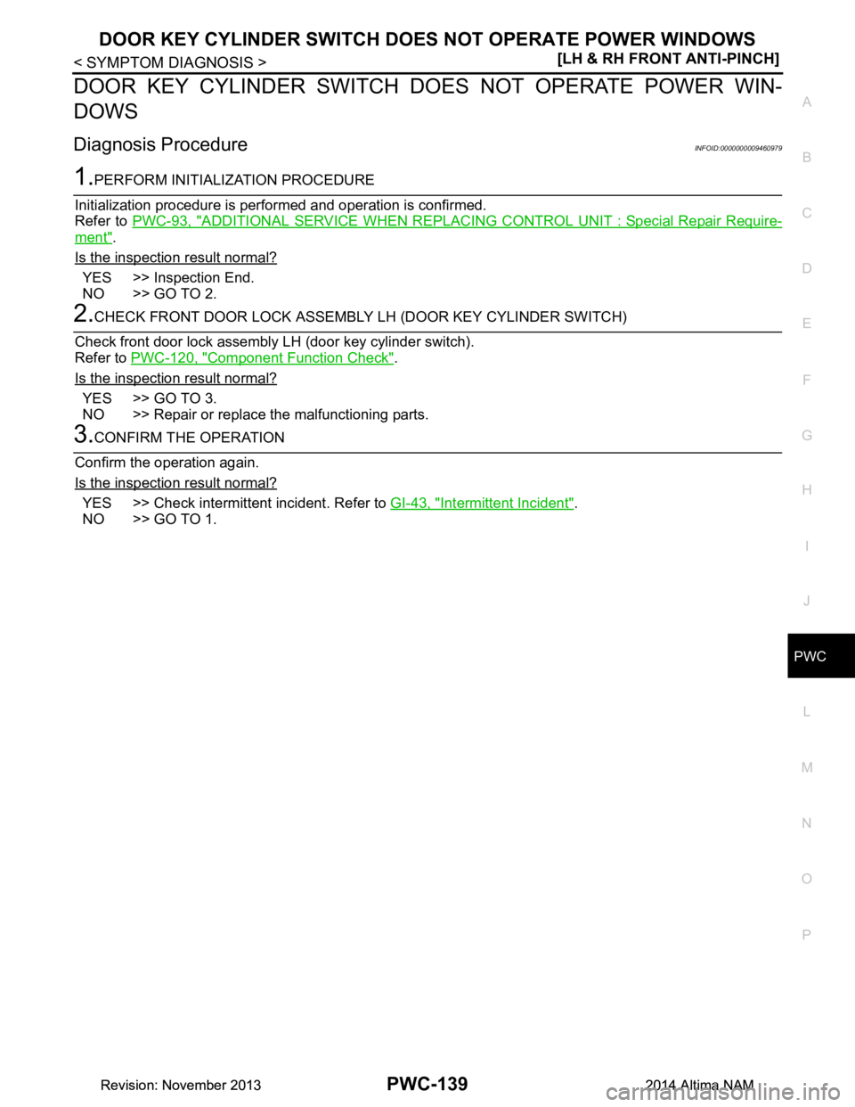 NISSAN TEANA 2014  Service Manual 
DOOR KEY CYLINDER SWITCH DOES NOT OPERATE POWER WINDOWS
PWC-139
< SYMPTOM DIAGNOSIS > [LH & RH FRONT ANTI-PINCH]
C 
D E
F
G H
I
J
L
M A 
B
PWC
N
O P
DOOR KEY CYLINDER SWITCH  DOES NOT OPERATE POWER W