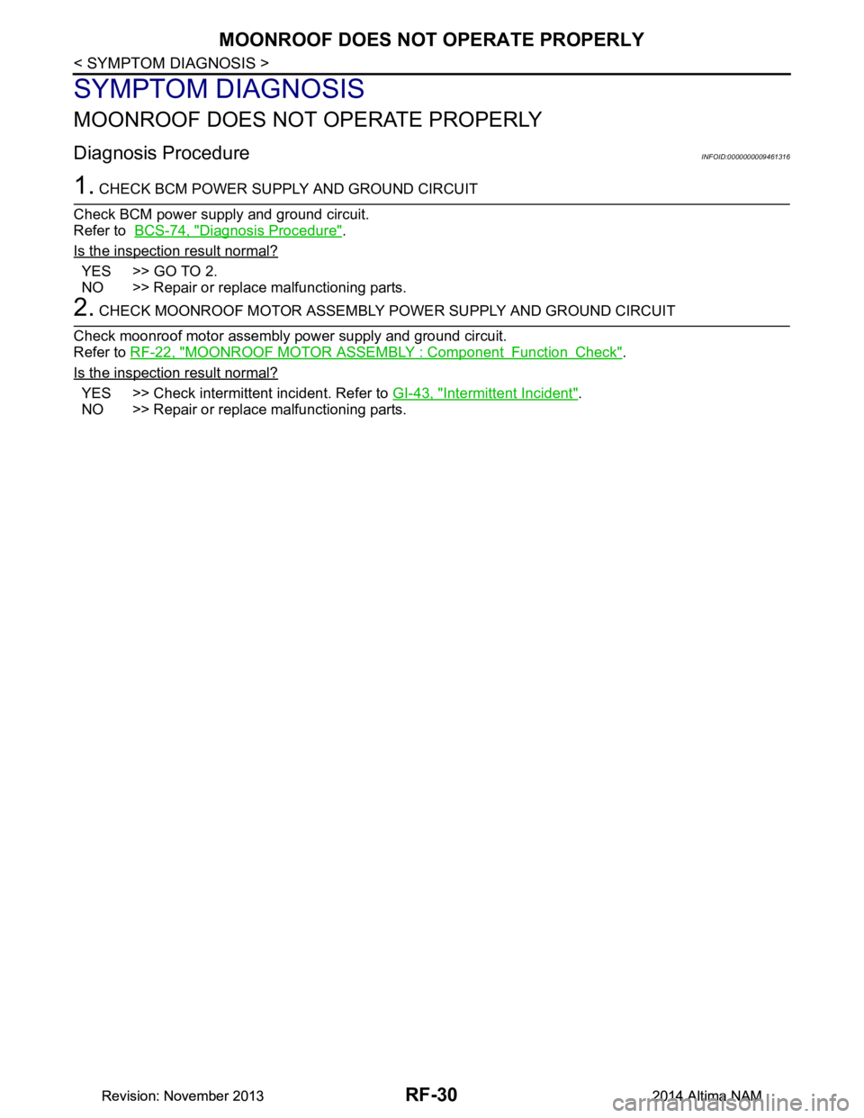 NISSAN TEANA 2014 Service Manual
RF-30
< SYMPTOM DIAGNOSIS >
MOONROOF DOES NOT OPERATE PROPERLY
SYMPTOM DIAGNOSIS
MOONROOF DOES NOT OPERATE PROPERLY
Diagnosis ProcedureINFOID:0000000009461316
1. CHECK BCM POWER SUPPLY AND GROUND CIR NISSAN TEANA 2014 Service Manual
RF-30
< SYMPTOM DIAGNOSIS >
MOONROOF DOES NOT OPERATE PROPERLY
SYMPTOM DIAGNOSIS
MOONROOF DOES NOT OPERATE PROPERLY
Diagnosis ProcedureINFOID:0000000009461316
1. CHECK BCM POWER SUPPLY AND GROUND CIR