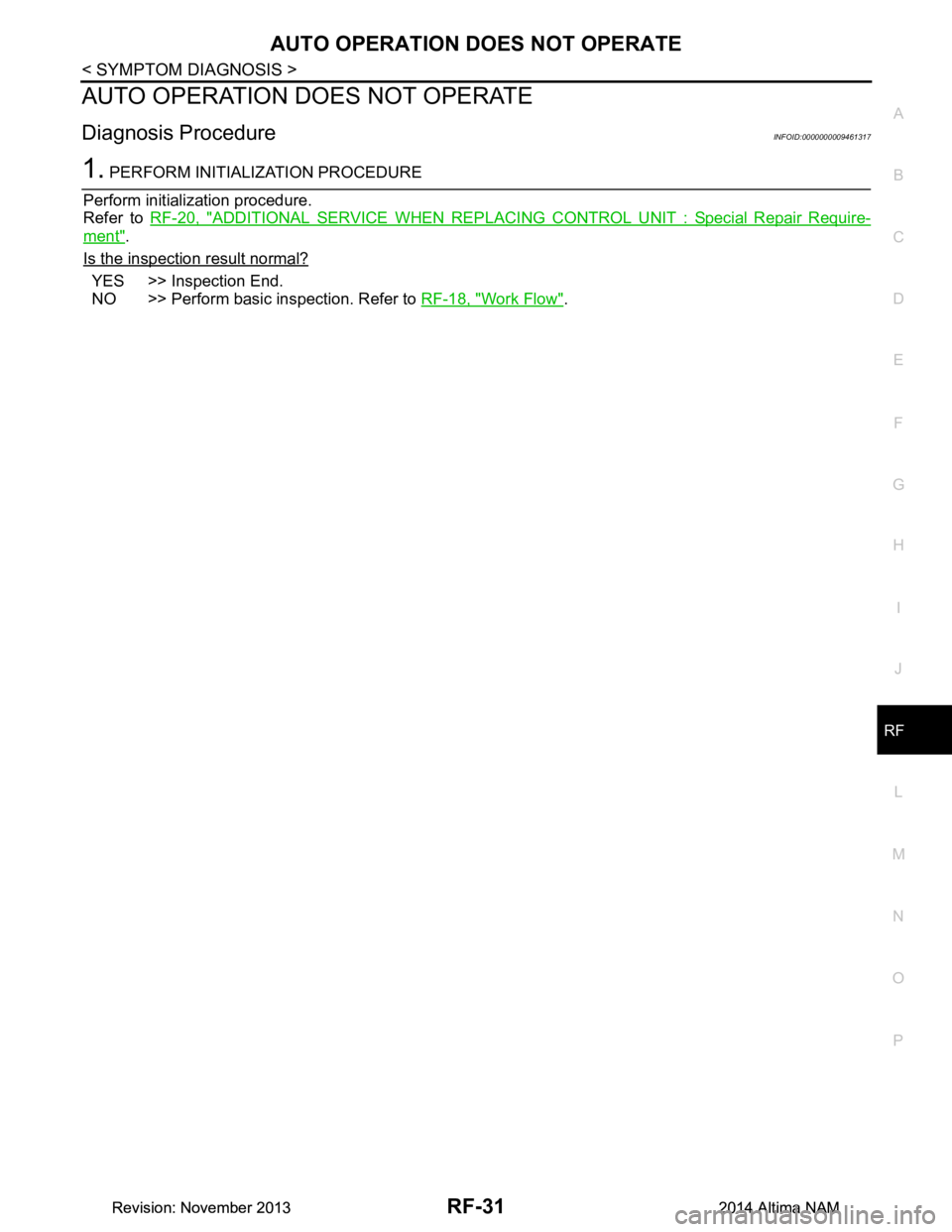 NISSAN TEANA 2014 Service Manual
AUTO OPERATION DOES NOT OPERATERF-31
< SYMPTOM DIAGNOSIS >
C
D E
F
G H
I
J
L
M A
B
RF
N
O P
AUTO OPERATION DOES NOT OPERATE
Diagnosis ProcedureINFOID:0000000009461317
1. PERFORM INITIALIZATION PROC NISSAN TEANA 2014 Service Manual
AUTO OPERATION DOES NOT OPERATERF-31
< SYMPTOM DIAGNOSIS >
C
D E
F
G H
I
J
L
M A
B
RF
N
O P
AUTO OPERATION DOES NOT OPERATE
Diagnosis ProcedureINFOID:0000000009461317
1. PERFORM INITIALIZATION PROC
