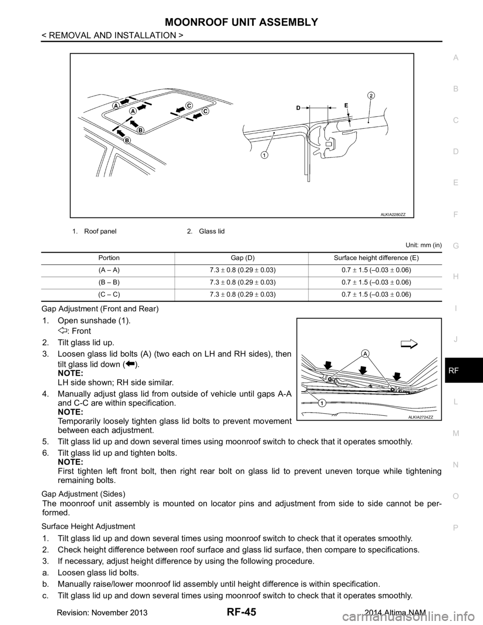 NISSAN TEANA 2014  Service Manual 
MOONROOF UNIT ASSEMBLYRF-45
< REMOVAL AND INSTALLATION >
C 
D E
F
G H
I
J
L
M A 
B
RF
N
O P
Unit: mm (in)
Gap Adjustment (Front and Rear)
1. Open sunshade (1). : Front 
2. Tilt glass lid up. 
3. Loos