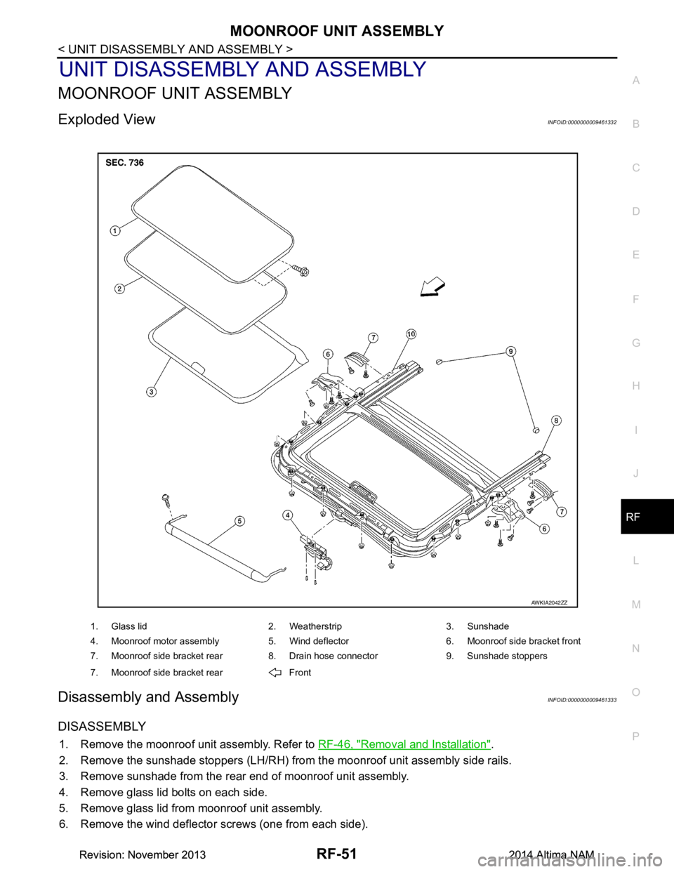 NISSAN TEANA 2014  Service Manual 
MOONROOF UNIT ASSEMBLYRF-51
< UNIT DISASSEMBLY AND ASSEMBLY >
C 
D E
F
G H
I
J
L
M A 
B
RF
N
O P
UNIT DISASSEMBLY AND ASSEMBLY
MOONROOF UNIT ASSEMBLY 
Exploded ViewINFOID:0000000009461332
Disassembly