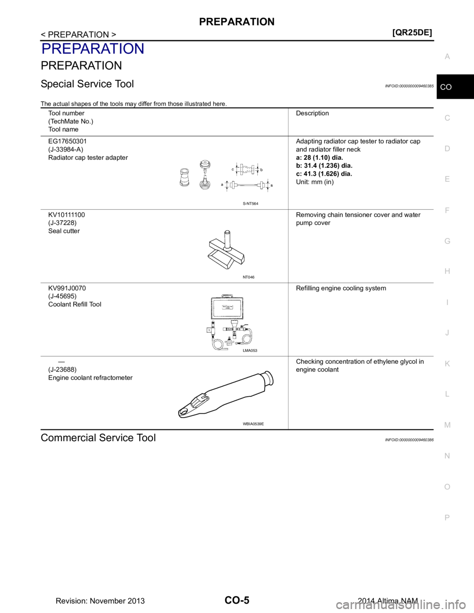 NISSAN TEANA 2014  Service Manual 
PREPARATIONCO-5
< PREPARATION > [QR25DE]
C 
D E
F
G H
I
J
K L
M A
CO
NP
O
PREPARATION
PREPARATION
Special Service ToolINFOID:0000000009460385
The actual shapes of the tools may differ from those illu