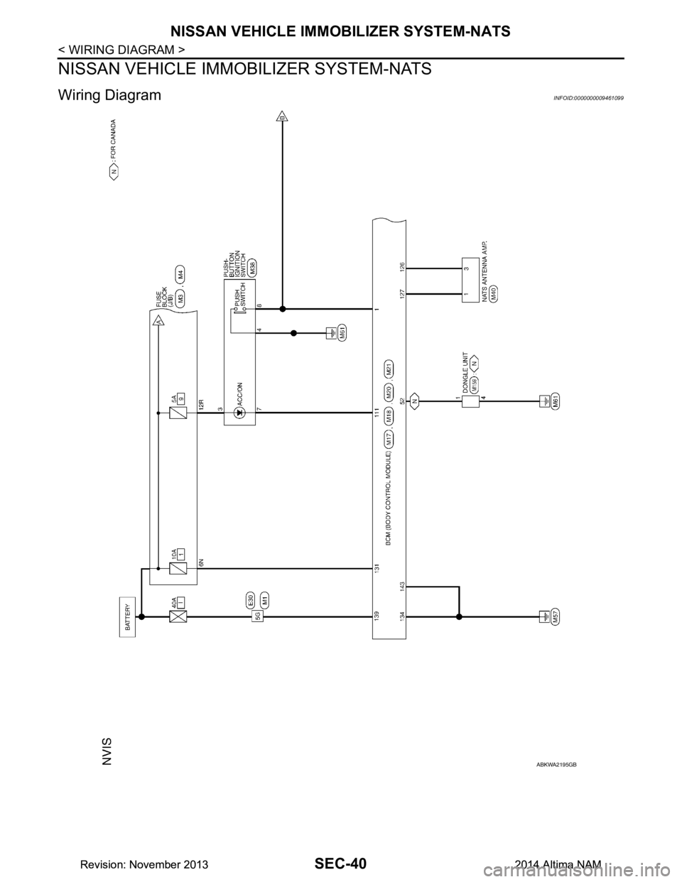 NISSAN TEANA 2014 Service Manual
SEC-40
< WIRING DIAGRAM >
NISSAN VEHICLE IMMOBILIZER SYSTEM-NATS
NISSAN VEHICLE IMMOBILIZER SYSTEM-NATS
Wiring DiagramINFOID:0000000009461099
ABKWA2195GB
Revision: November 20132014 Altima NAMRevisio NISSAN TEANA 2014 Service Manual
SEC-40
< WIRING DIAGRAM >
NISSAN VEHICLE IMMOBILIZER SYSTEM-NATS
NISSAN VEHICLE IMMOBILIZER SYSTEM-NATS
Wiring DiagramINFOID:0000000009461099
ABKWA2195GB
Revision: November 20132014 Altima NAMRevisio