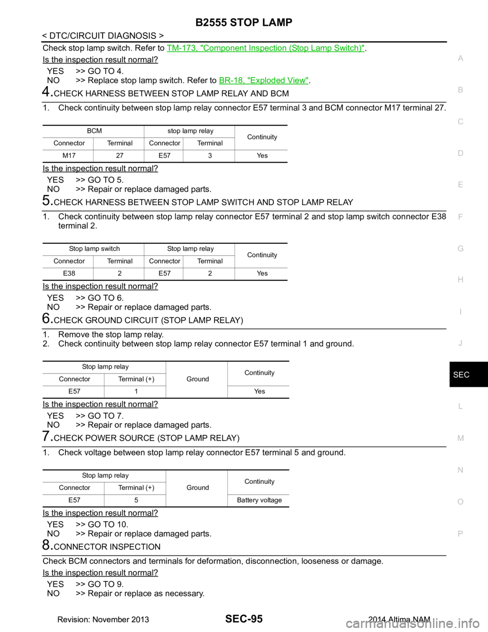 NISSAN TEANA 2014 Service Manual
B2555 STOP LAMPSEC-95
< DTC/CIRCUIT DIAGNOSIS >
C
D E
F
G H
I
J
L
M A
B
SEC
N
O P
Check stop lamp switch. Refer to TM-173, "Component Inspection (Stop Lamp Switch)".
Is the inspection result norma NISSAN TEANA 2014 Service Manual
B2555 STOP LAMPSEC-95
< DTC/CIRCUIT DIAGNOSIS >
C
D E
F
G H
I
J
L
M A
B
SEC
N
O P
Check stop lamp switch. Refer to TM-173, "Component Inspection (Stop Lamp Switch)".
Is the inspection result norma