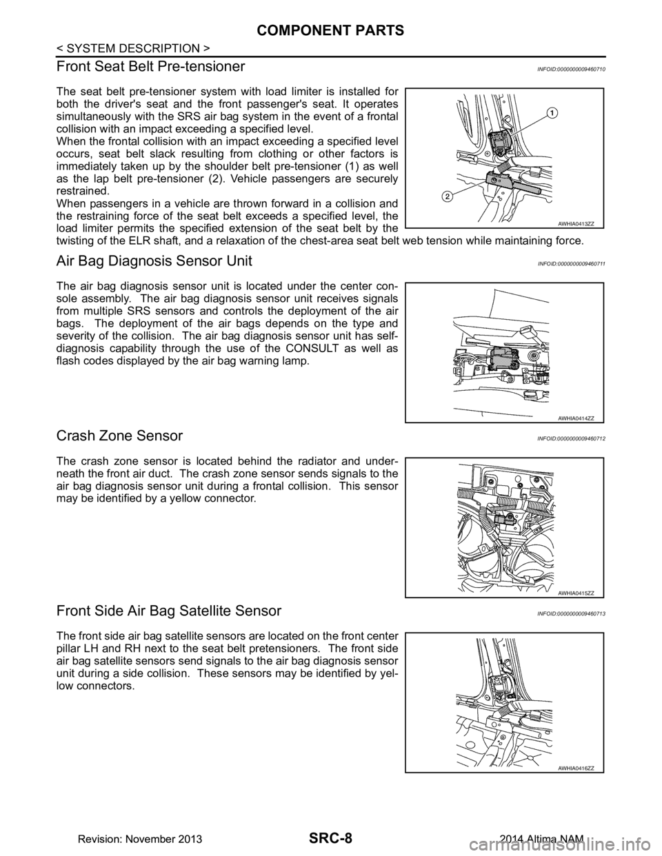 NISSAN TEANA 2014 Service Manual
SRC-8
< SYSTEM DESCRIPTION >
COMPONENT PARTS
Front Seat Belt Pre-tensioner
INFOID:0000000009460710
The seat belt pre-tensioner system wi th load limiter is installed for
both the drivers seat and t NISSAN TEANA 2014 Service Manual
SRC-8
< SYSTEM DESCRIPTION >
COMPONENT PARTS
Front Seat Belt Pre-tensioner
INFOID:0000000009460710
The seat belt pre-tensioner system wi th load limiter is installed for
both the drivers seat and t
