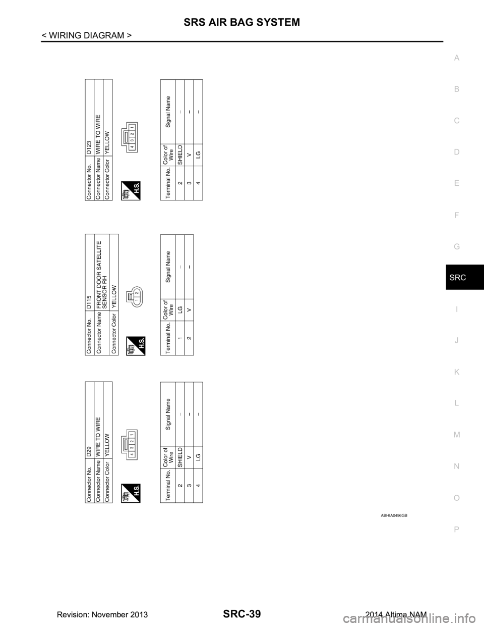 NISSAN TEANA 2014 Service Manual
SRS AIR BAG SYSTEMSRC-39
< WIRING DIAGRAM >
C
D E
F
G
I
J
K L
M A
B
SRC
N
O P
ABHIA0496GB
Revision: November 20132014 Altima NAMRevision: November 20132014 Altima NAM NISSAN TEANA 2014 Service Manual
SRS AIR BAG SYSTEMSRC-39
< WIRING DIAGRAM >
C
D E
F
G
I
J
K L
M A
B
SRC
N
O P
ABHIA0496GB
Revision: November 20132014 Altima NAMRevision: November 20132014 Altima NAM