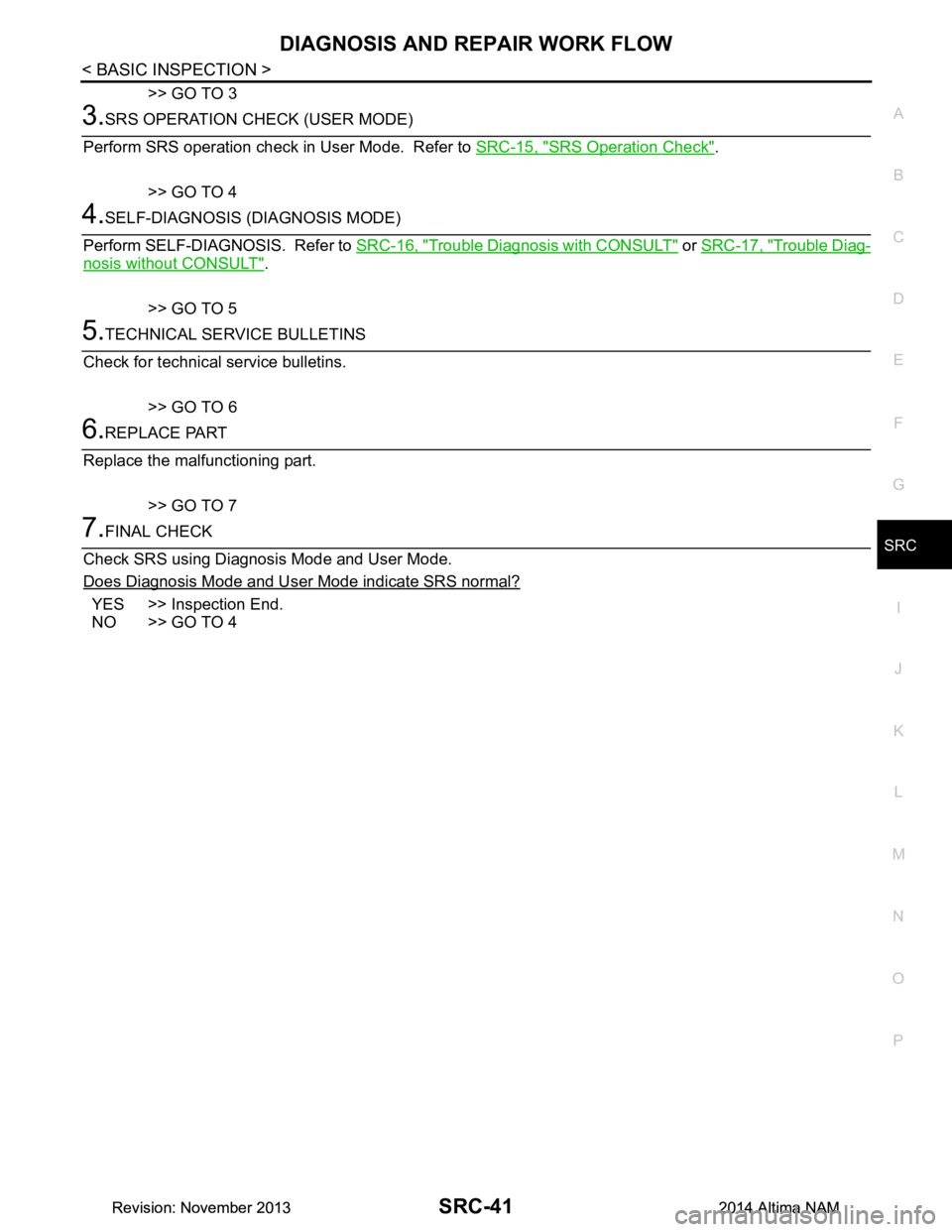 NISSAN TEANA 2014 Service Manual
DIAGNOSIS AND REPAIR WORK FLOWSRC-41
< BASIC INSPECTION >
C
D E
F
G
I
J
K L
M A
B
SRC
N
O P
>> GO TO 3
3.SRS OPERATION CHECK (USER MODE)
Perform SRS operation check in User Mode. Refer to SRC-15, NISSAN TEANA 2014 Service Manual
DIAGNOSIS AND REPAIR WORK FLOWSRC-41
< BASIC INSPECTION >
C
D E
F
G
I
J
K L
M A
B
SRC
N
O P
>> GO TO 3
3.SRS OPERATION CHECK (USER MODE)
Perform SRS operation check in User Mode. Refer to SRC-15,