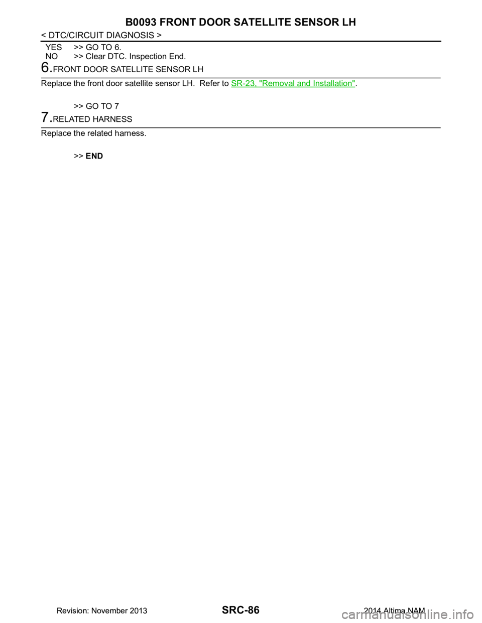 NISSAN TEANA 2014 Service Manual
SRC-86
< DTC/CIRCUIT DIAGNOSIS >
B0093 FRONT DOOR SATELLITE SENSOR LH
YES >> GO TO 6.
NO >> Clear DTC. Inspection End.
6.FRONT DOOR SATELLITE SENSOR LH
Replace the front door satellite sensor LH. R NISSAN TEANA 2014 Service Manual
SRC-86
< DTC/CIRCUIT DIAGNOSIS >
B0093 FRONT DOOR SATELLITE SENSOR LH
YES >> GO TO 6.
NO >> Clear DTC. Inspection End.
6.FRONT DOOR SATELLITE SENSOR LH
Replace the front door satellite sensor LH. R