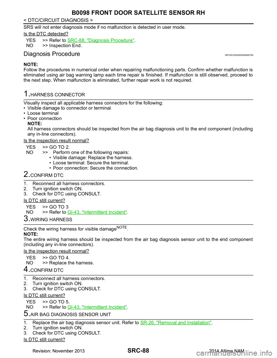 NISSAN TEANA 2014 Service Manual
SRC-88
< DTC/CIRCUIT DIAGNOSIS >
B0098 FRONT DOOR SATELLITE SENSOR RH
SRS will not enter diagnosis mode if no malfunction is detected in user mode.
Is the DTC detected?
YES >> Refer to SRC-88, "Diag NISSAN TEANA 2014 Service Manual
SRC-88
< DTC/CIRCUIT DIAGNOSIS >
B0098 FRONT DOOR SATELLITE SENSOR RH
SRS will not enter diagnosis mode if no malfunction is detected in user mode.
Is the DTC detected?
YES >> Refer to SRC-88, "Diag