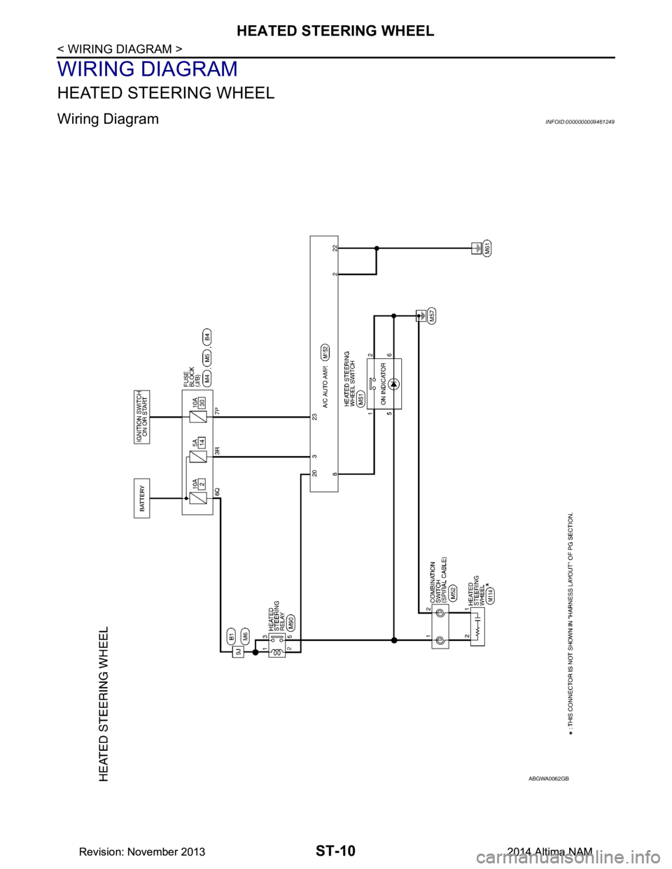 NISSAN TEANA 2014 Service Manual
ST-10
< WIRING DIAGRAM >
HEATED STEERING WHEEL
WIRING DIAGRAM
HEATED STEERING WHEEL
Wiring DiagramINFOID:0000000009461249
ABGWA0062GB
Revision: November 20132014 Altima NAMRevision: November 20132014 NISSAN TEANA 2014 Service Manual
ST-10
< WIRING DIAGRAM >
HEATED STEERING WHEEL
WIRING DIAGRAM
HEATED STEERING WHEEL
Wiring DiagramINFOID:0000000009461249
ABGWA0062GB
Revision: November 20132014 Altima NAMRevision: November 20132014