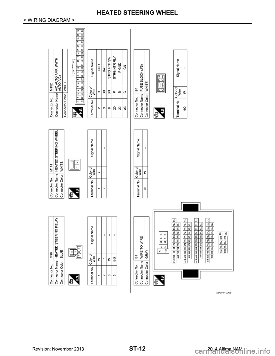 NISSAN TEANA 2014 Service Manual
ST-12
< WIRING DIAGRAM >
HEATED STEERING WHEEL
ABGIA0102GB
Revision: November 20132014 Altima NAMRevision: November 20132014 Altima NAM NISSAN TEANA 2014 Service Manual
ST-12
< WIRING DIAGRAM >
HEATED STEERING WHEEL
ABGIA0102GB
Revision: November 20132014 Altima NAMRevision: November 20132014 Altima NAM