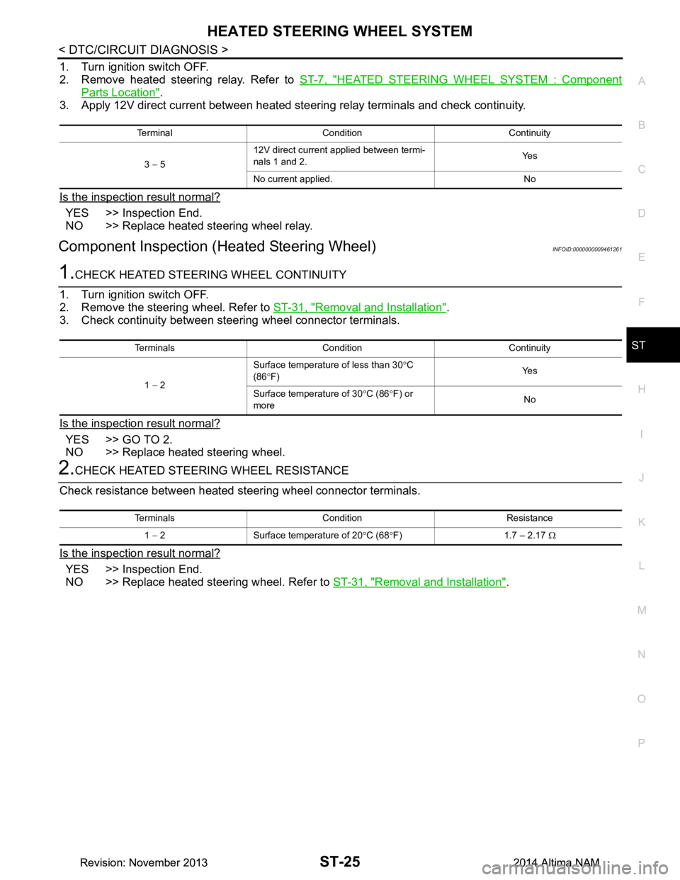 NISSAN TEANA 2014 Service Manual
HEATED STEERING WHEEL SYSTEMST-25
< DTC/CIRCUIT DIAGNOSIS >
C
D E
F
H I
J
K L
M A
B
ST
N
O P
1. Turn ignition switch OFF.
2. Remove heated steering relay. Refer to ST-7, "HEATED STEERING WHEEL SY NISSAN TEANA 2014 Service Manual
HEATED STEERING WHEEL SYSTEMST-25
< DTC/CIRCUIT DIAGNOSIS >
C
D E
F
H I
J
K L
M A
B
ST
N
O P
1. Turn ignition switch OFF.
2. Remove heated steering relay. Refer to ST-7, "HEATED STEERING WHEEL SY